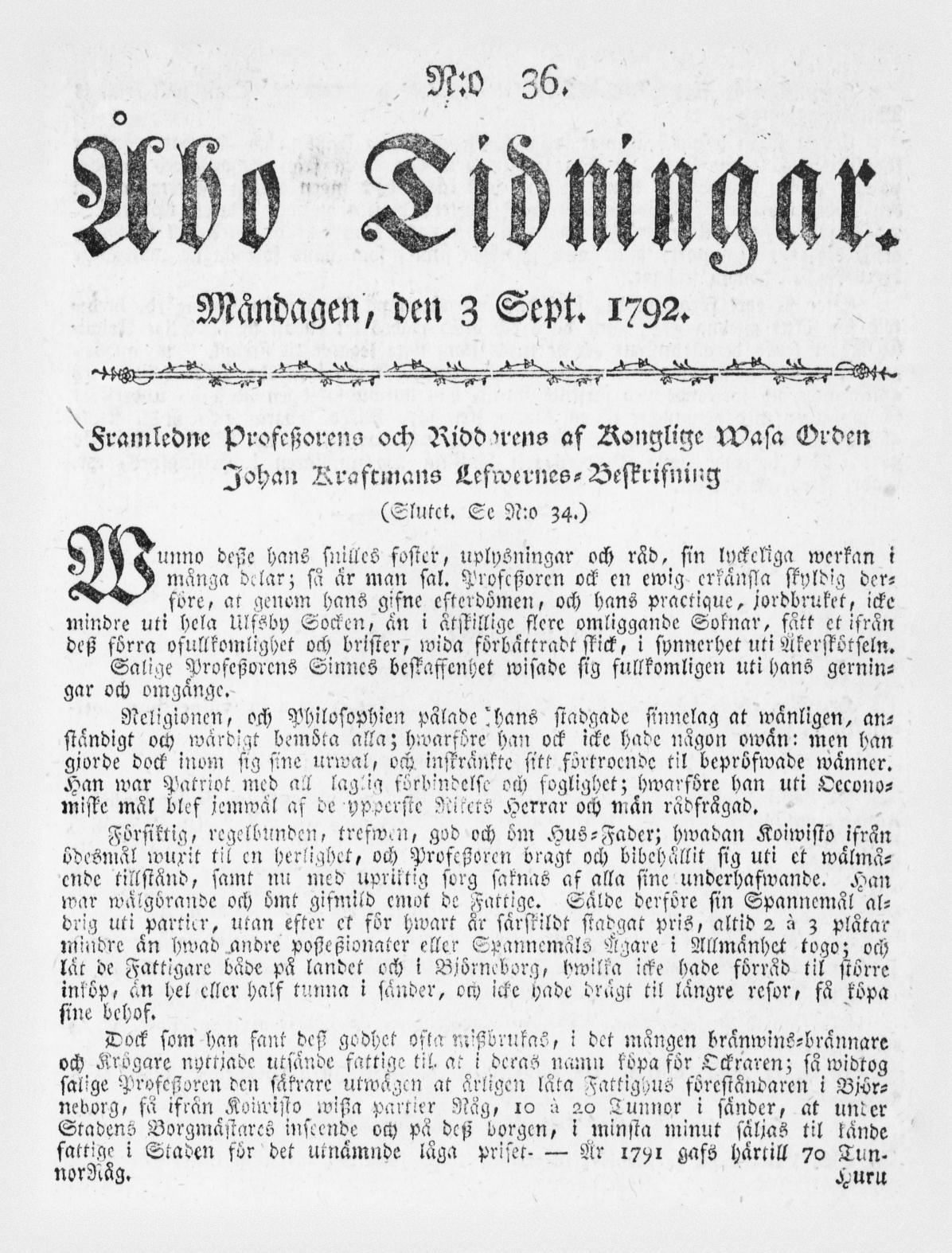 Tidningssida ur ÅBO TIDNINGAR, 1792-09-03
