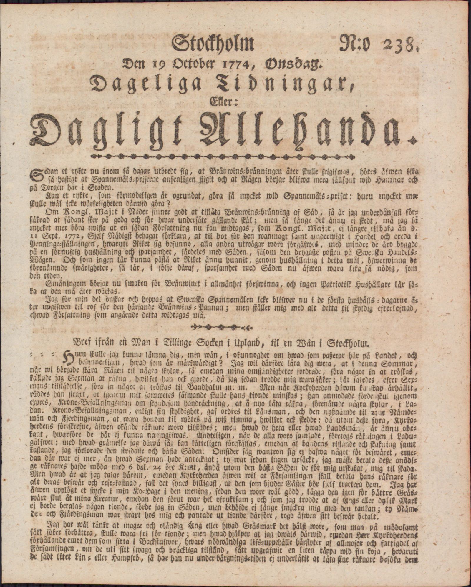 Tidningssida ur DAGLIGT ALLEHANDA, 1774-10-19
