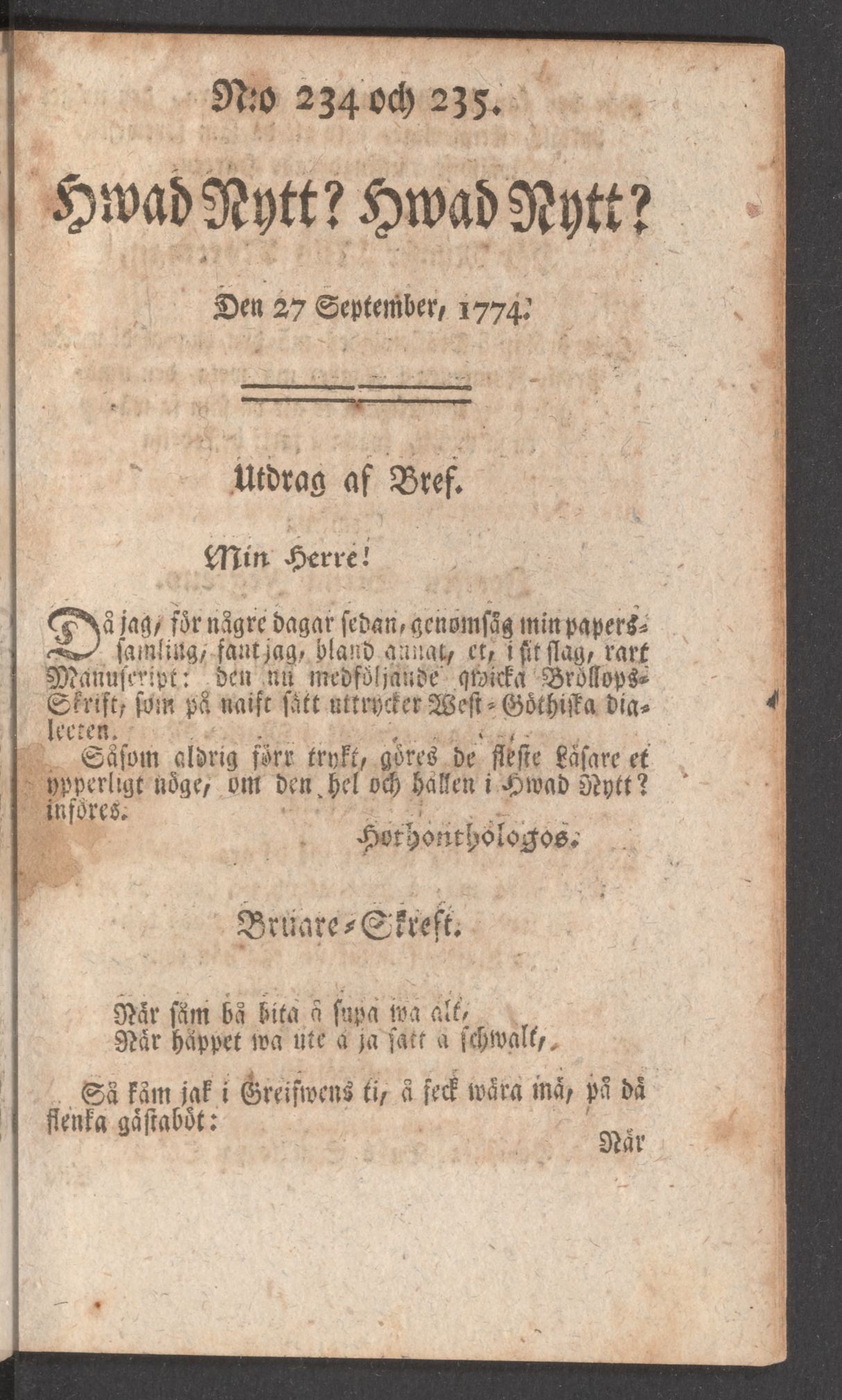 Tidningssida ur HWAD NYTT?, 1774-09-27