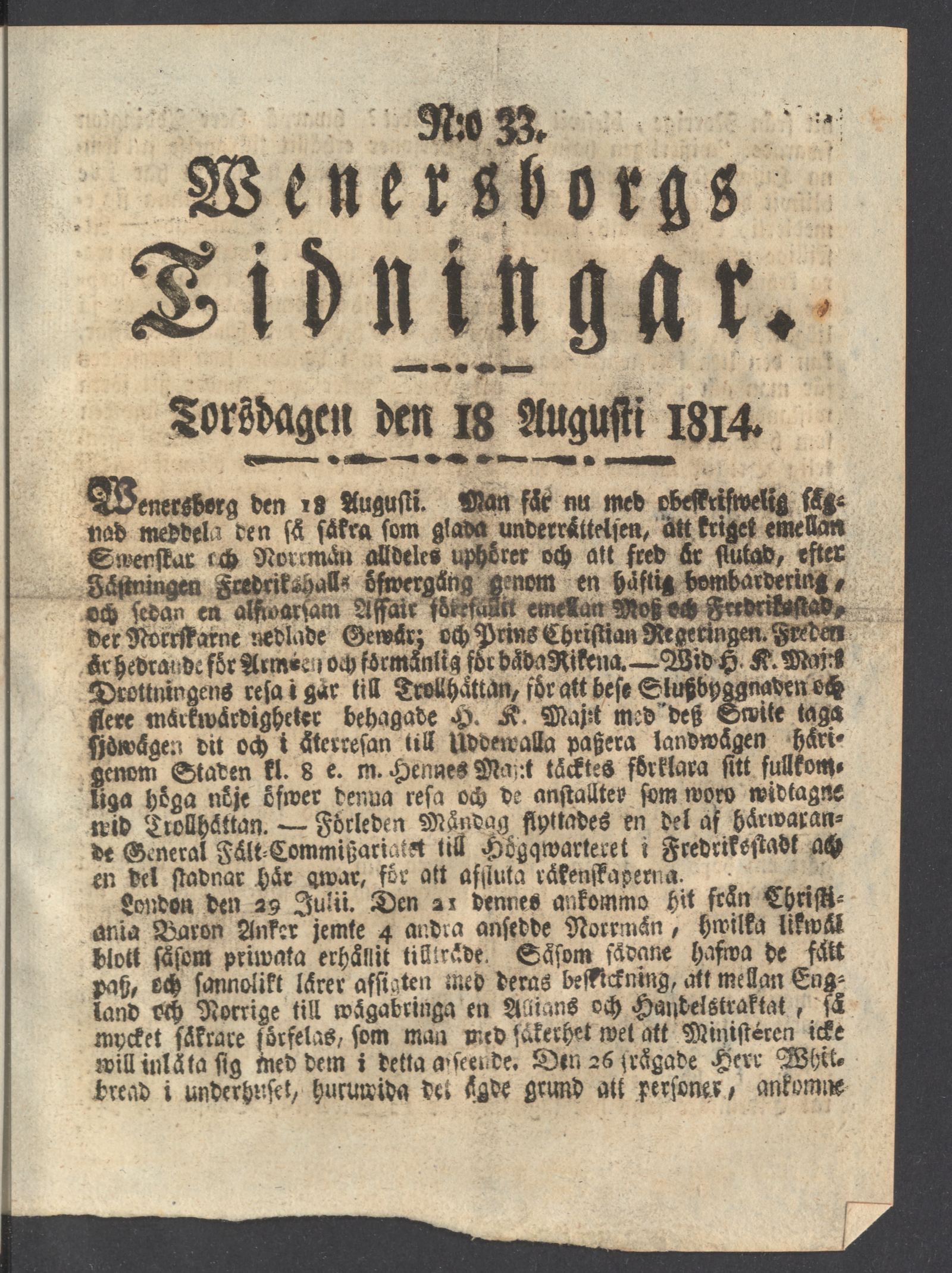 Tidningssida ur WENERSBORGS TIDNINGAR, 1814-08-18