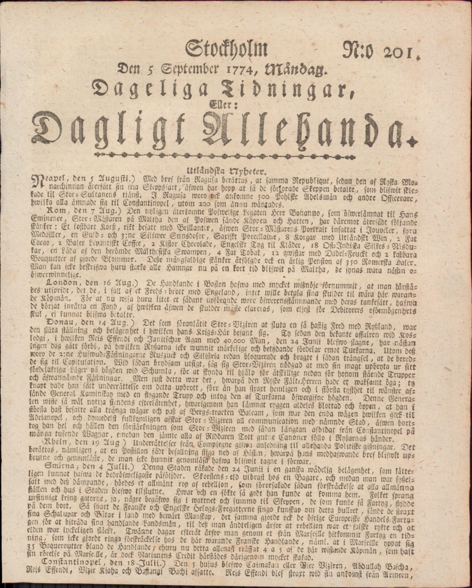 Tidningssida ur DAGLIGT ALLEHANDA, 1774-09-05