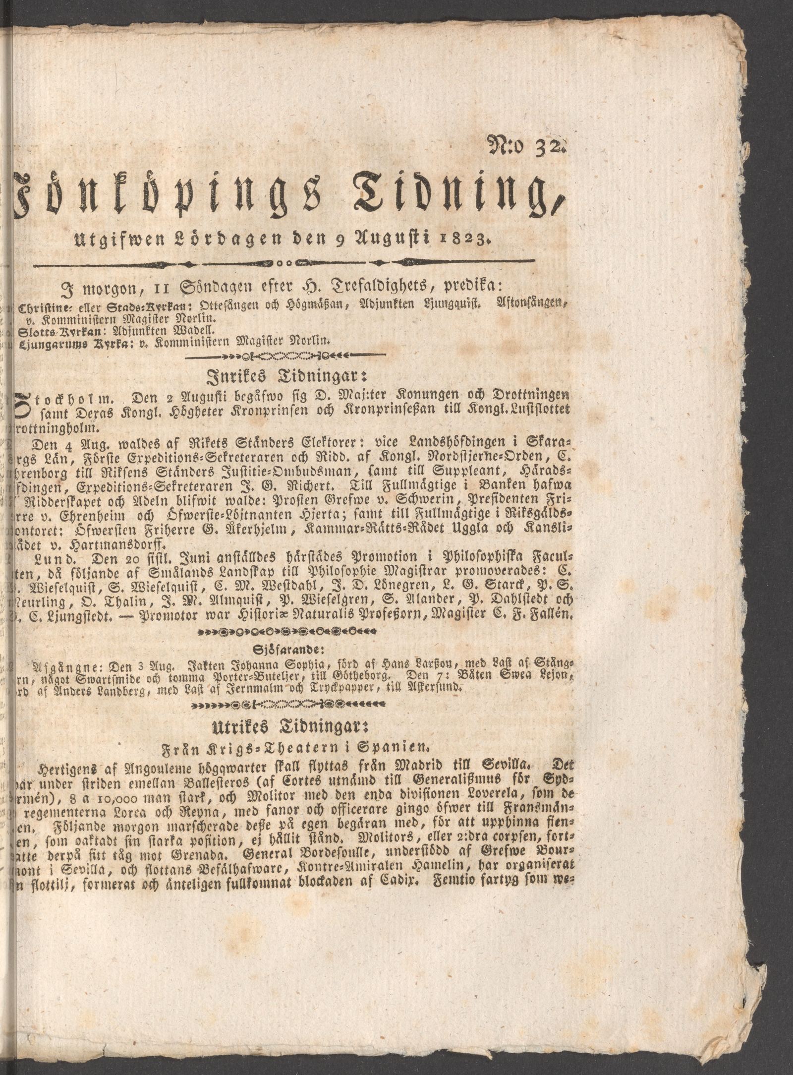 Tidningssida ur JÖNKÖPINGS TIDNING, 1823-08-09