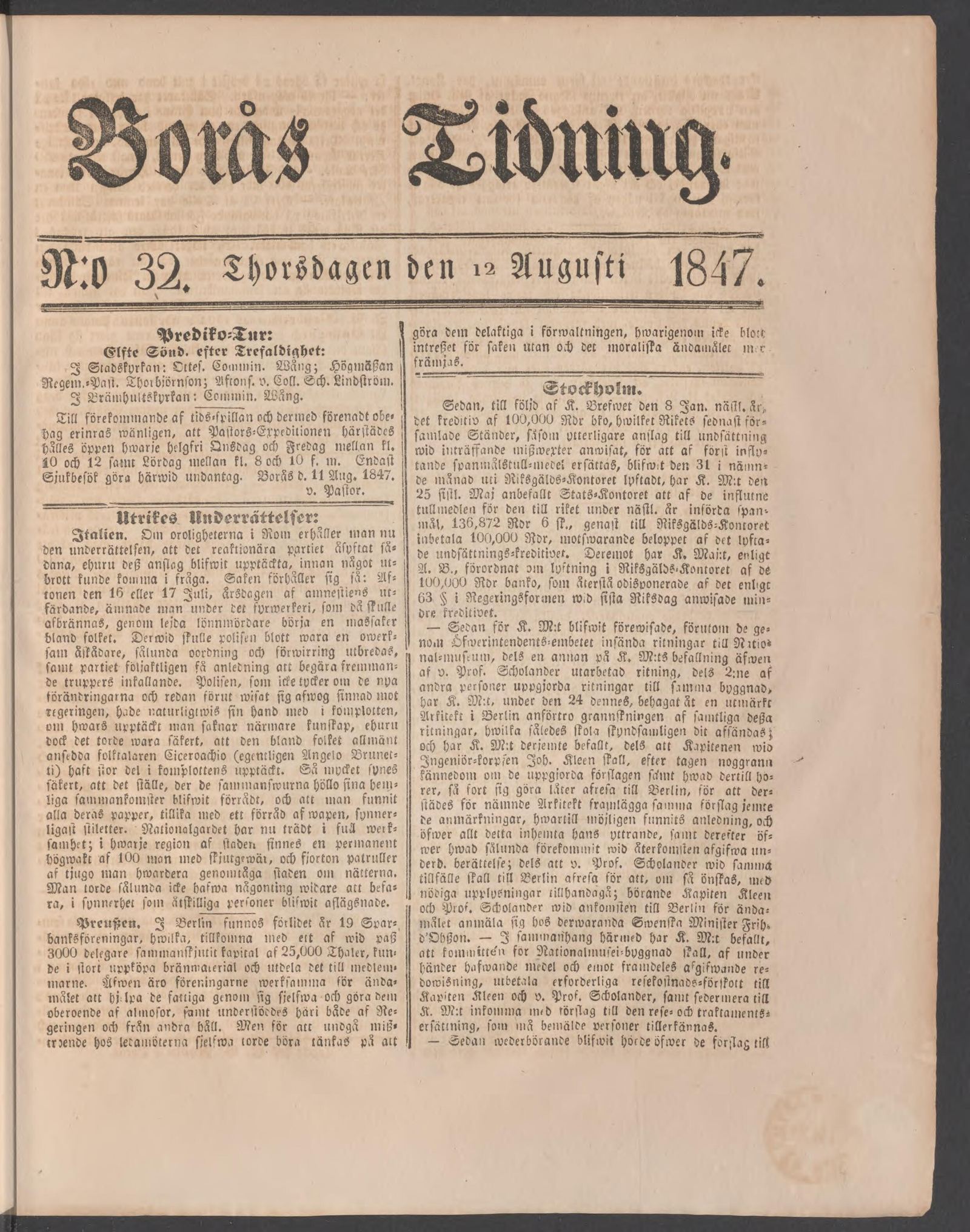Tidningssida ur Borås Tidning, 1847-08-12