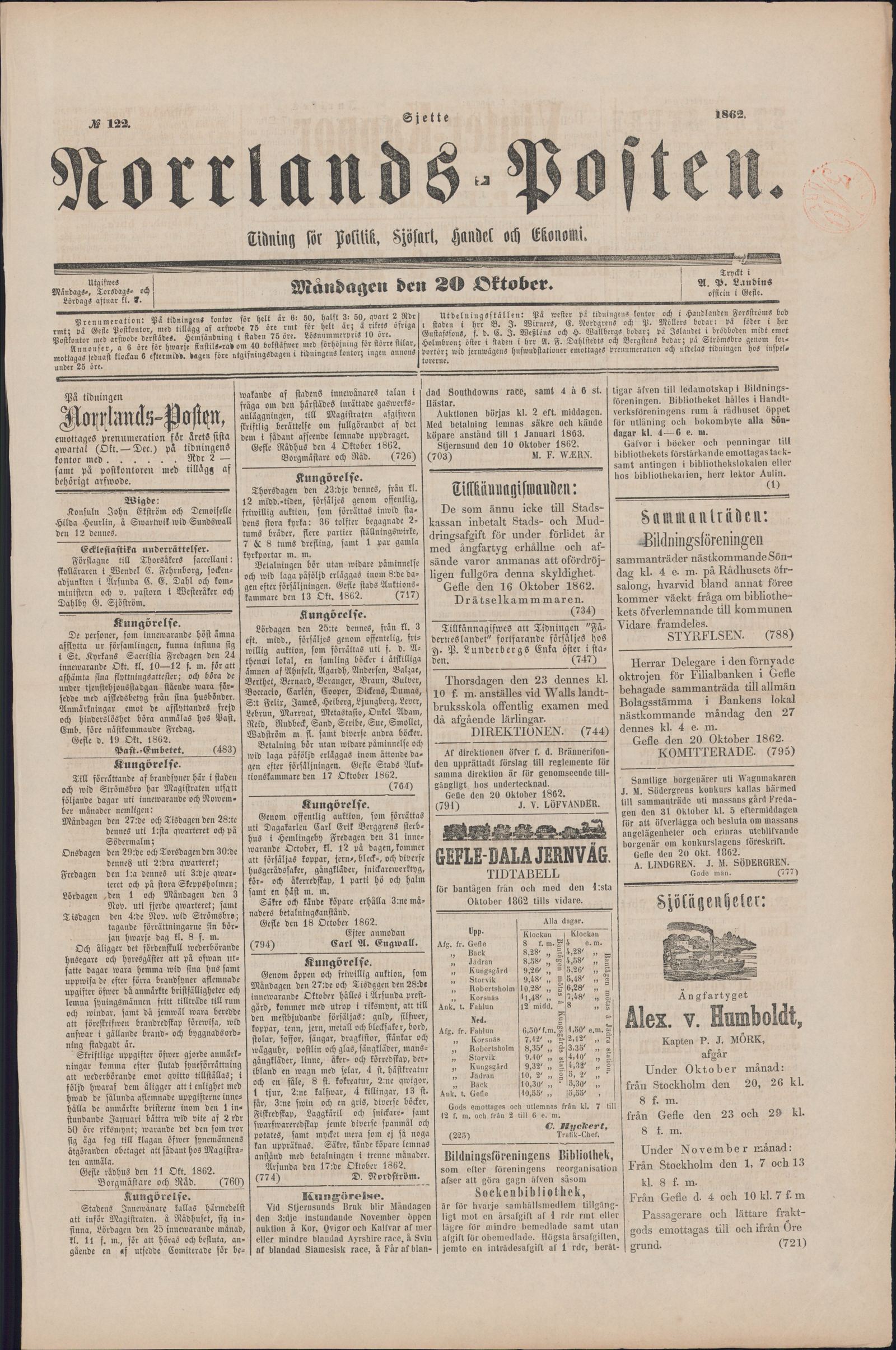 Tidningssida ur NORRLANDSPOSTEN, 1862-10-20