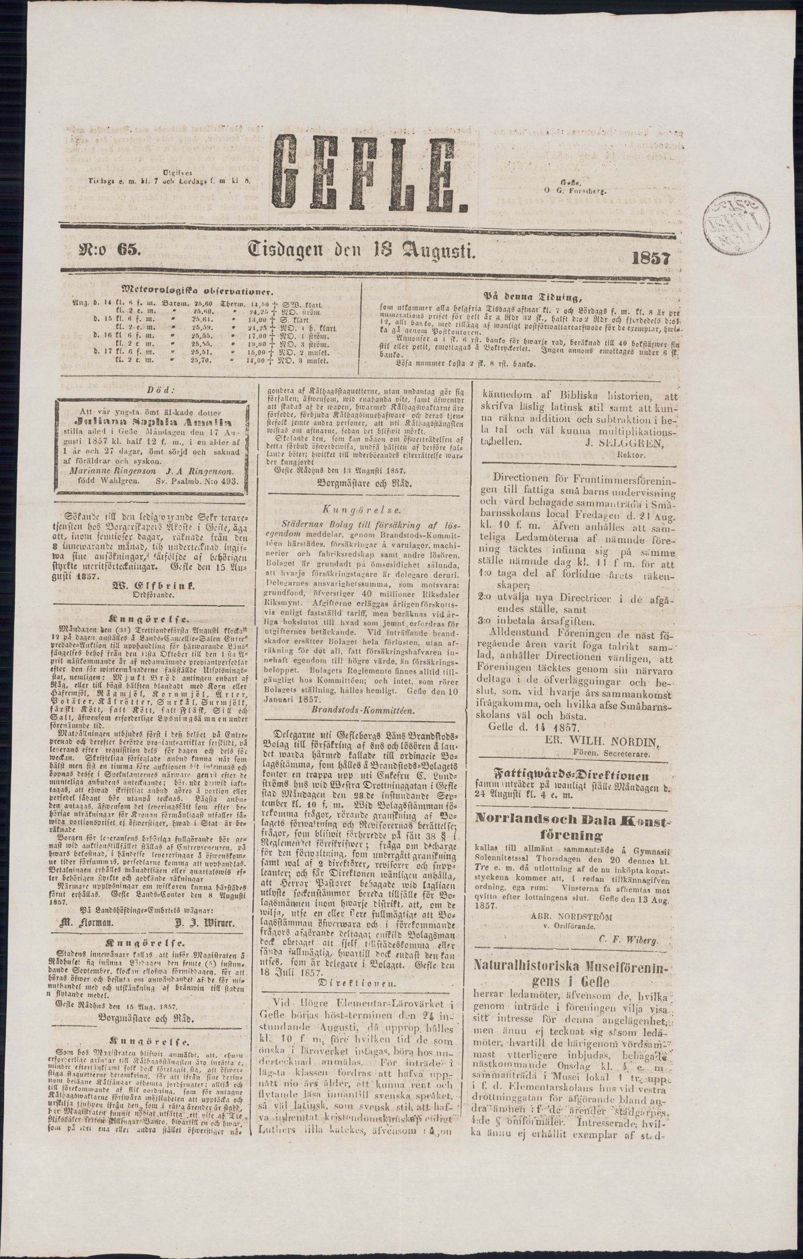 Tidningssida ur GEFLEBORGS LÄNS TIDNING, 1857-08-18