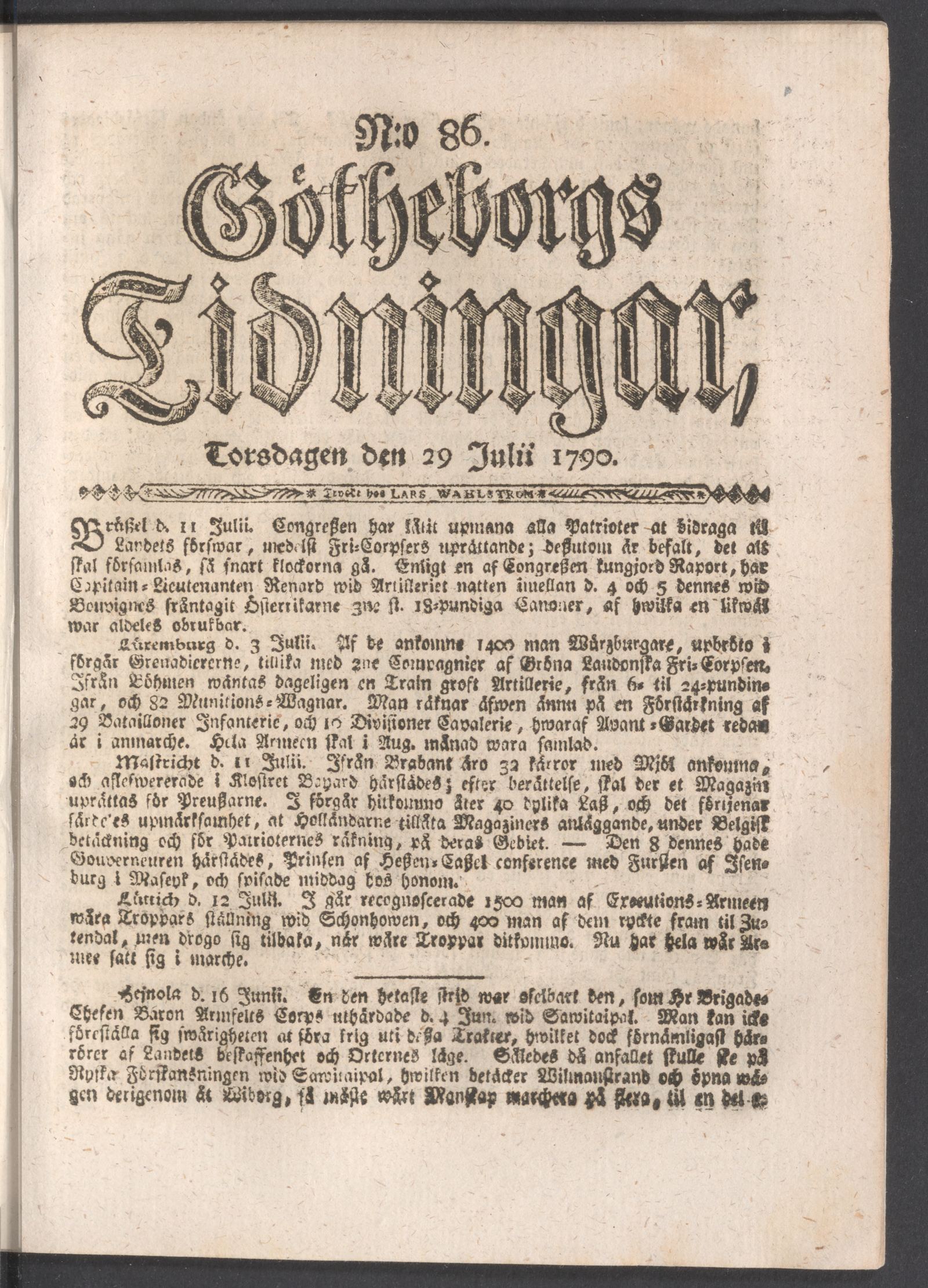 Tidningssida ur GÖTHEBORGS TIDNINGAR, 1790-07-29
