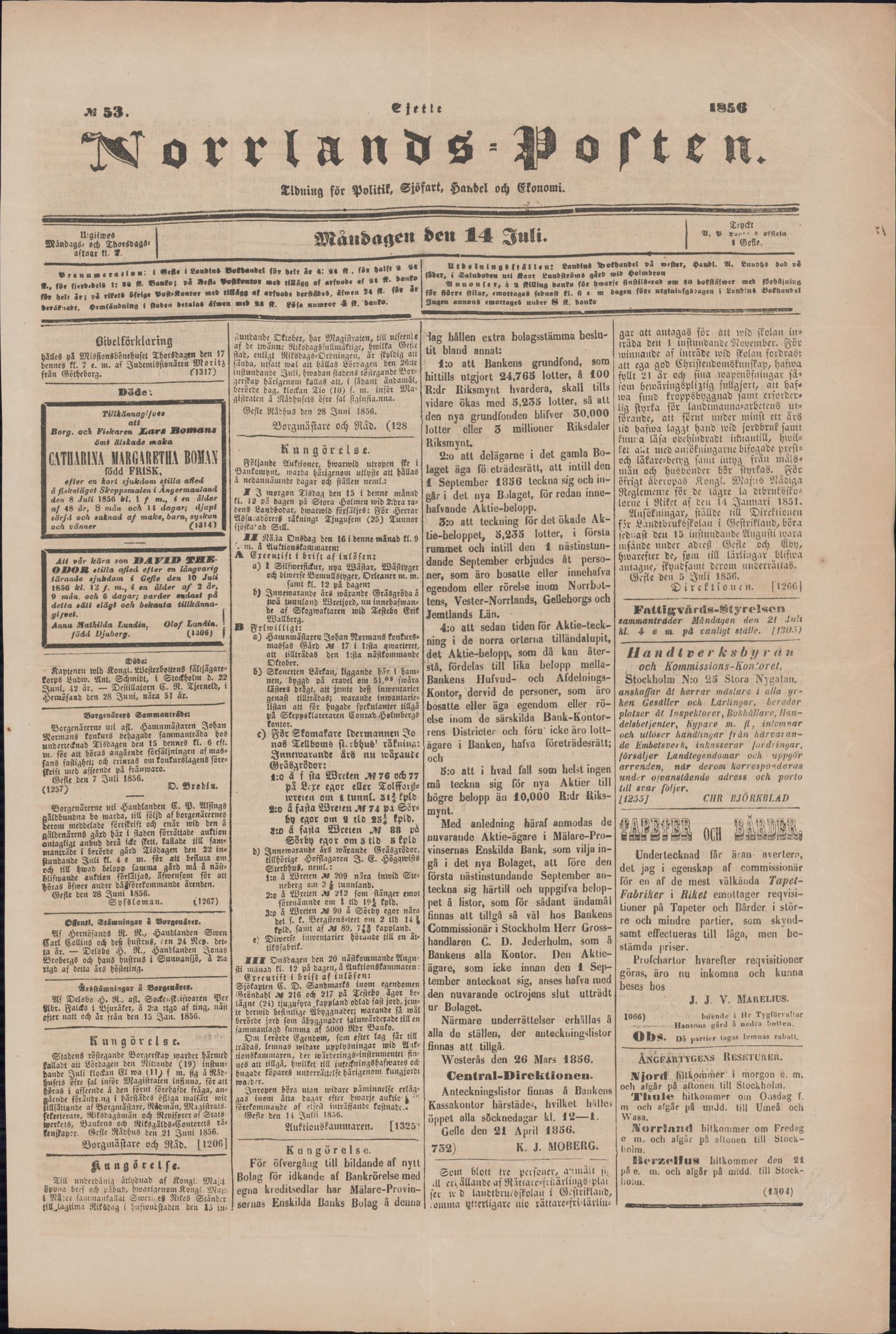 Tidningssida ur NORRLANDSPOSTEN, 1856-07-14