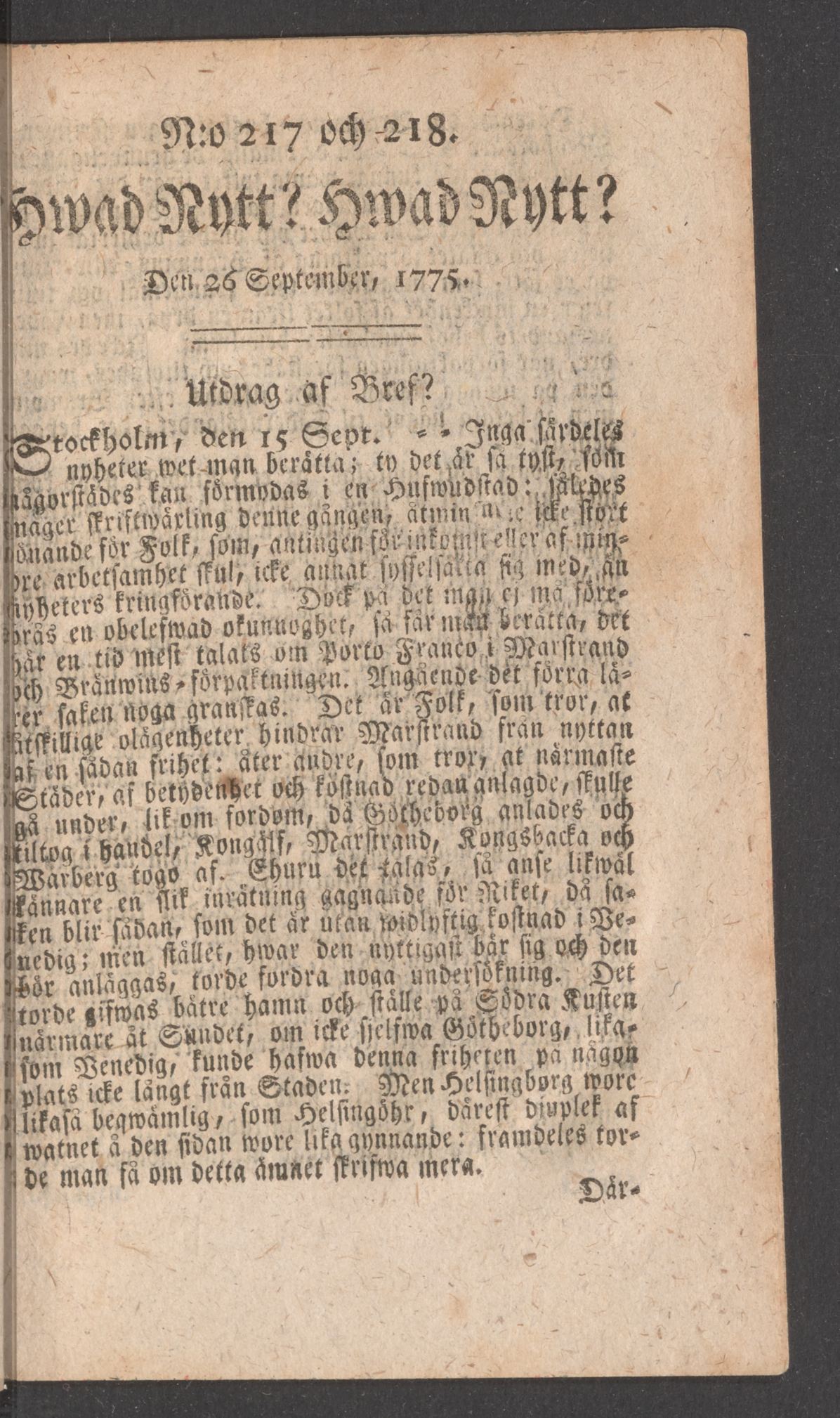 Tidningssida ur HWAD NYTT?, 1775-09-26