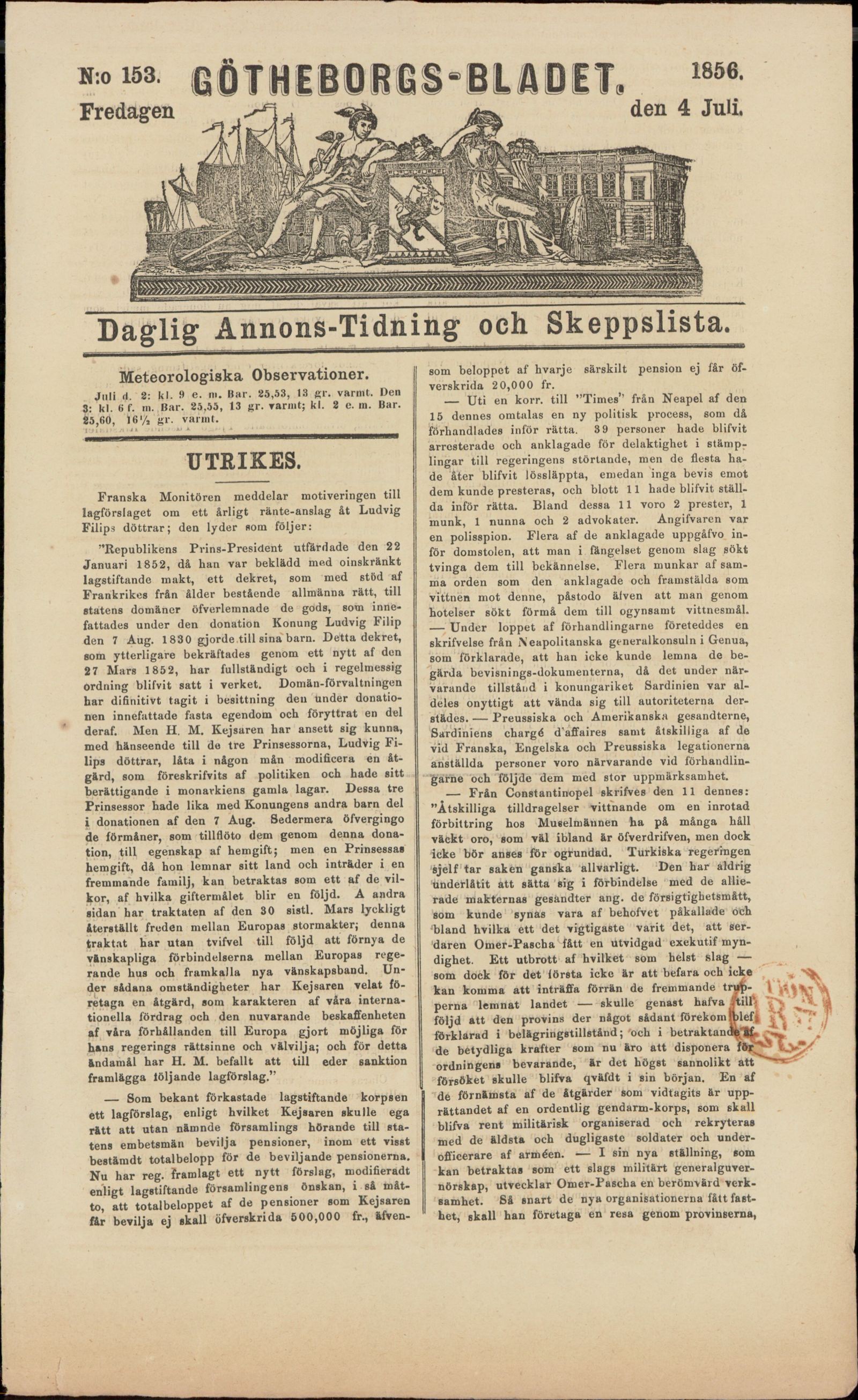 Tidningssida ur GÖTHEBORGSBLADET, 1856-07-04