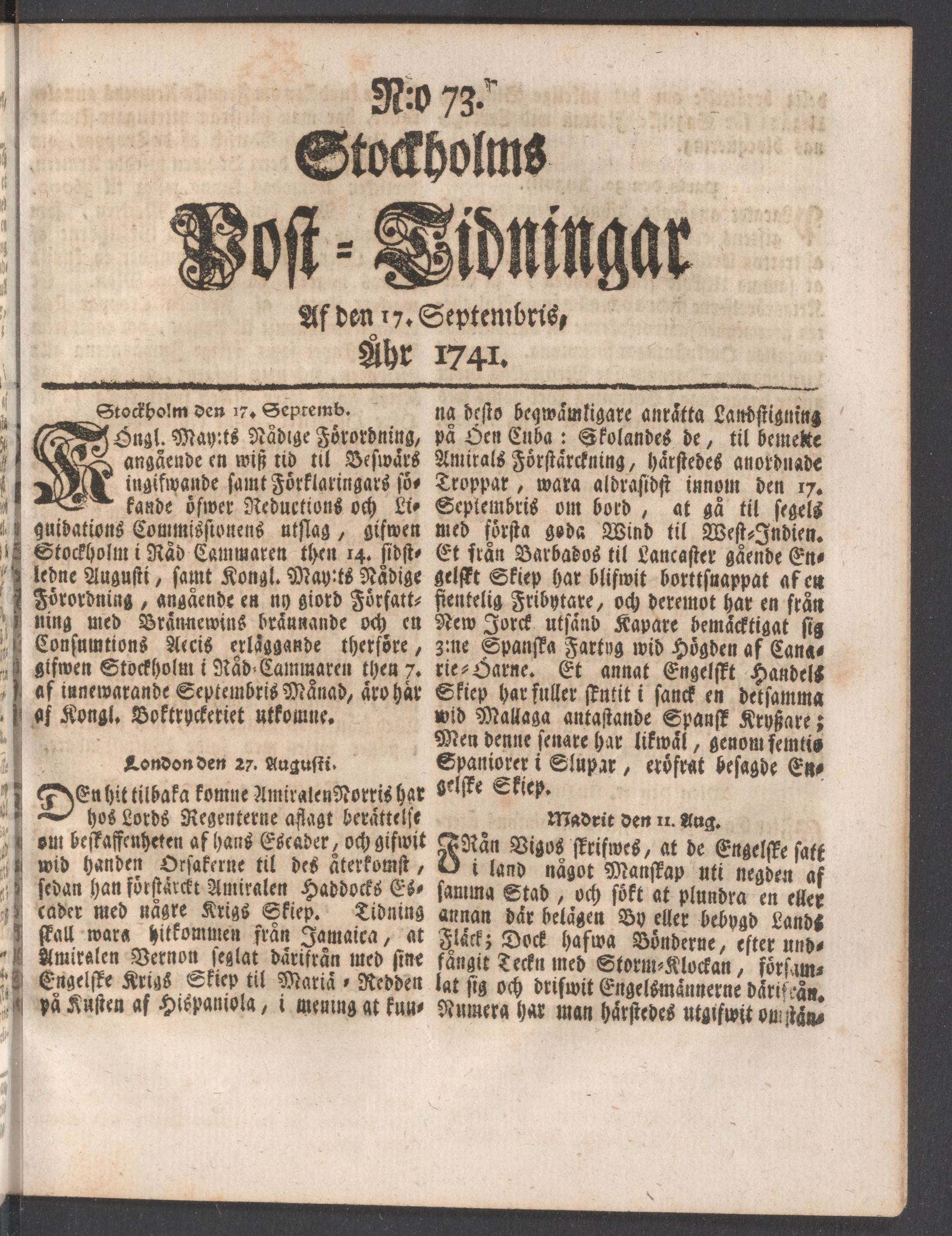 Tidningssida ur POSTTIDNINGAR, 1741-09-17