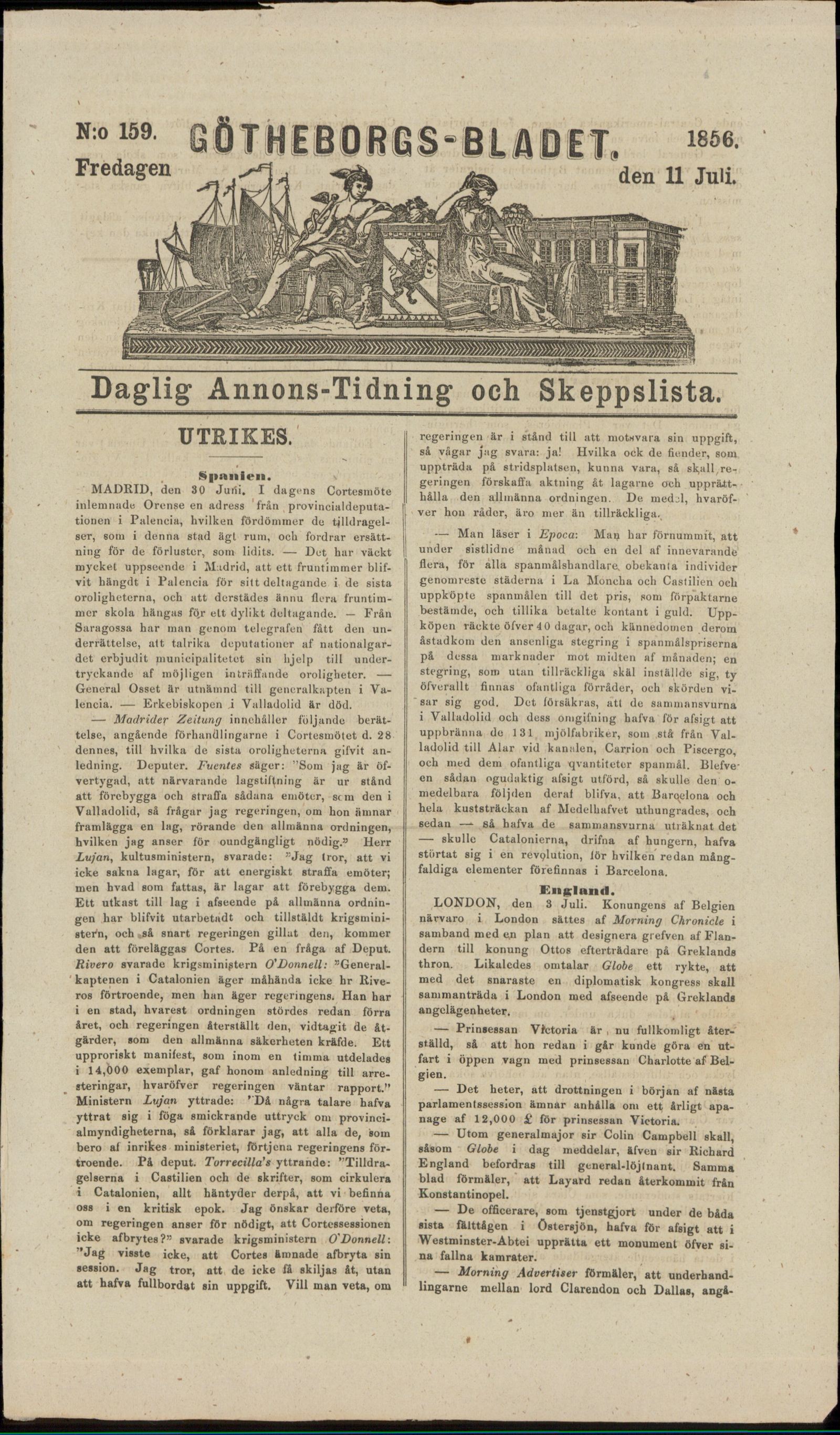 Tidningssida ur GÖTHEBORGSBLADET, 1856-07-11