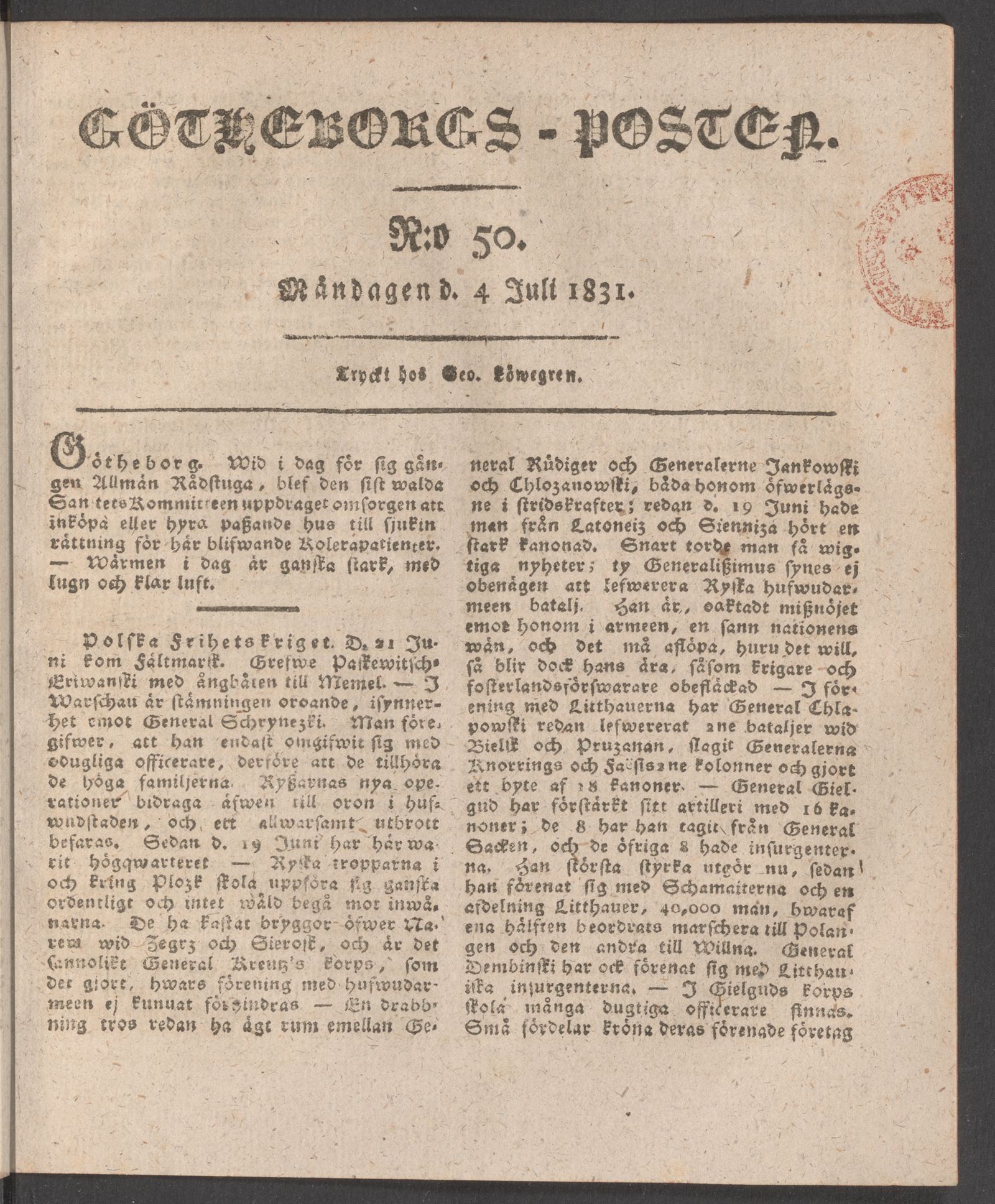 Tidningssida ur GÖTHEBORGSPOSTEN, 1831-07-04