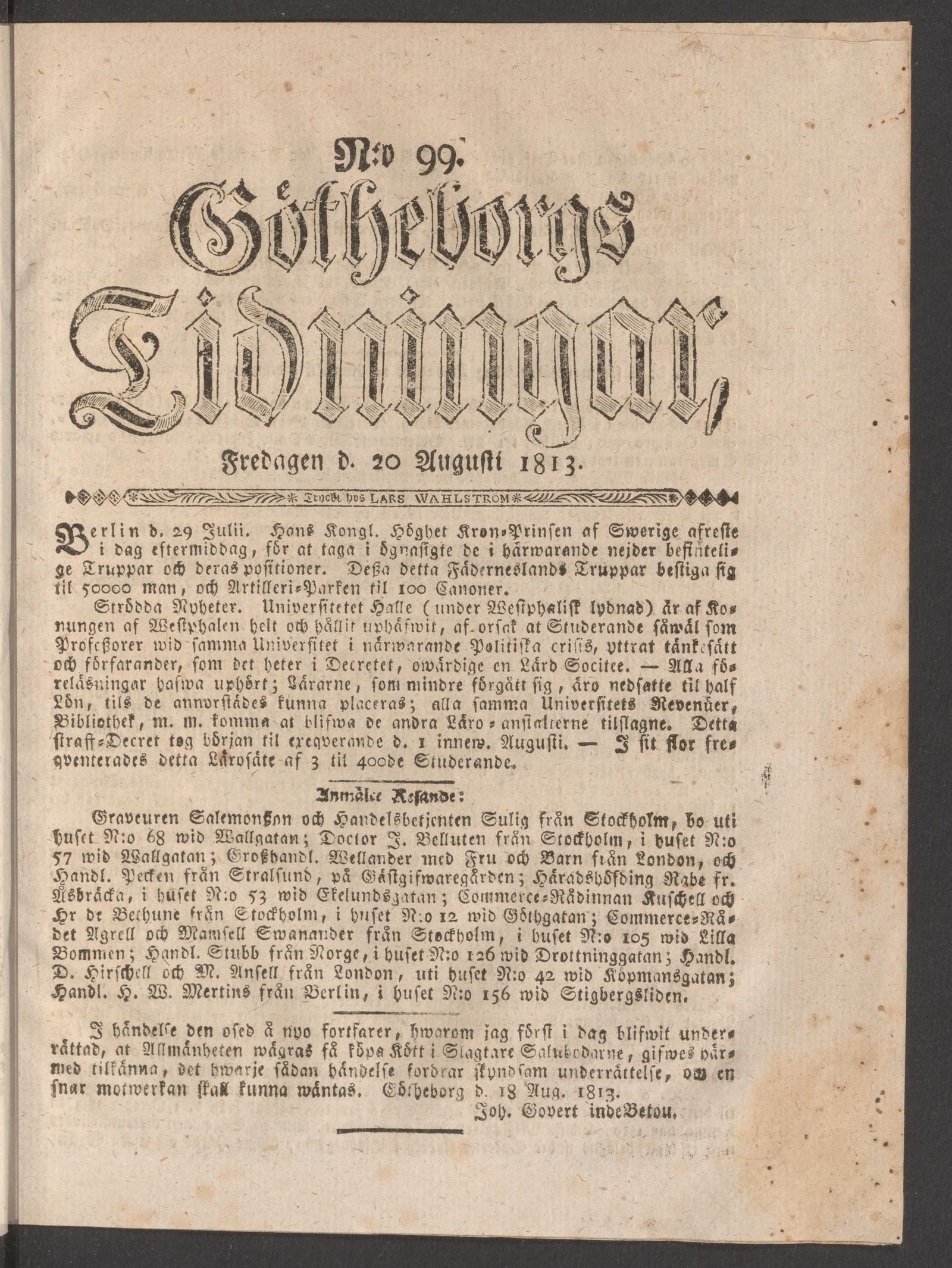 Tidningssida ur GÖTHEBORGS TIDNINGAR, 1813-08-20