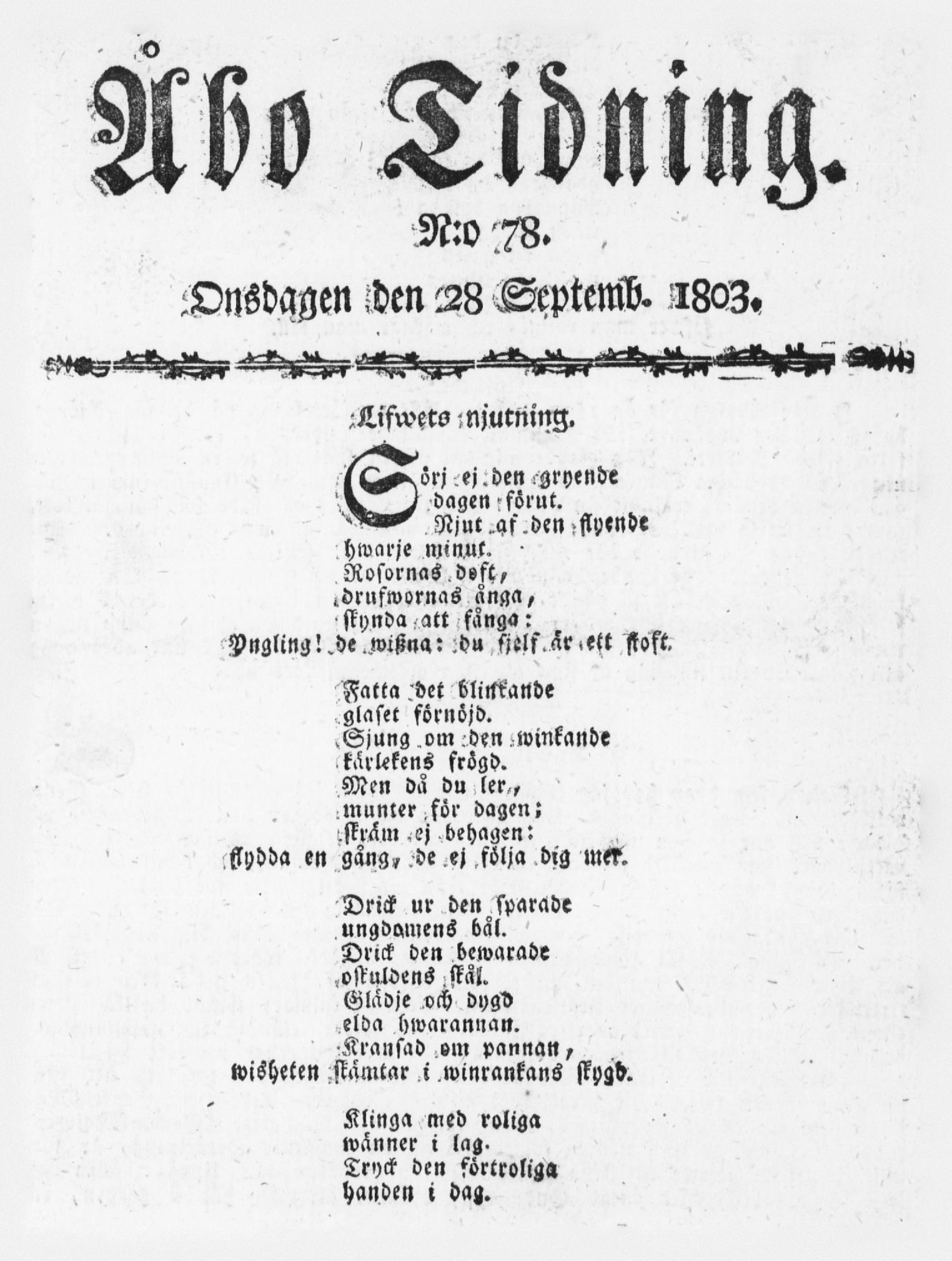 Tidningssida ur ÅBO TIDNING, 1803-09-28