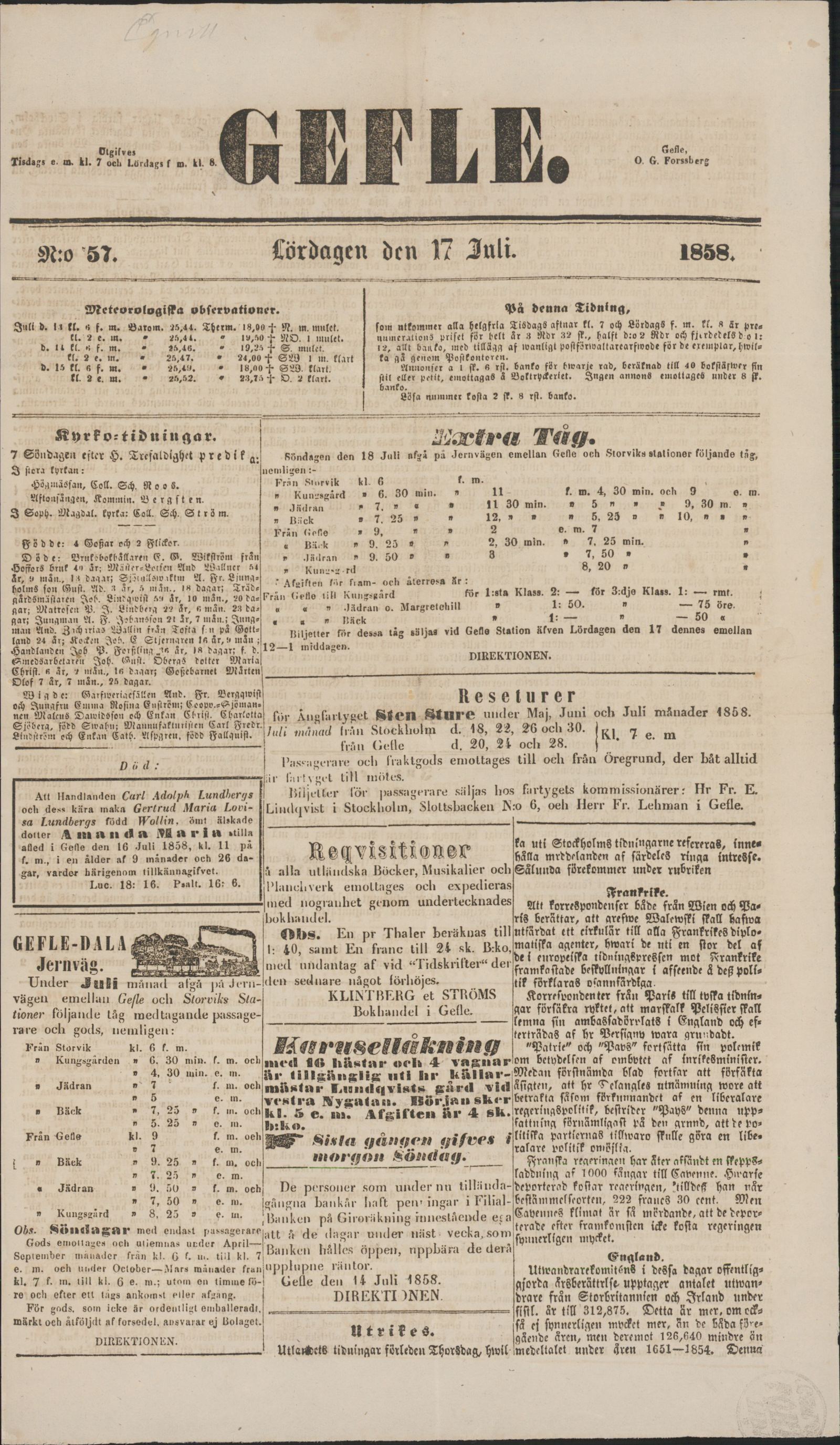Tidningssida ur GEFLEBORGS LÄNS TIDNING, 1858-07-17