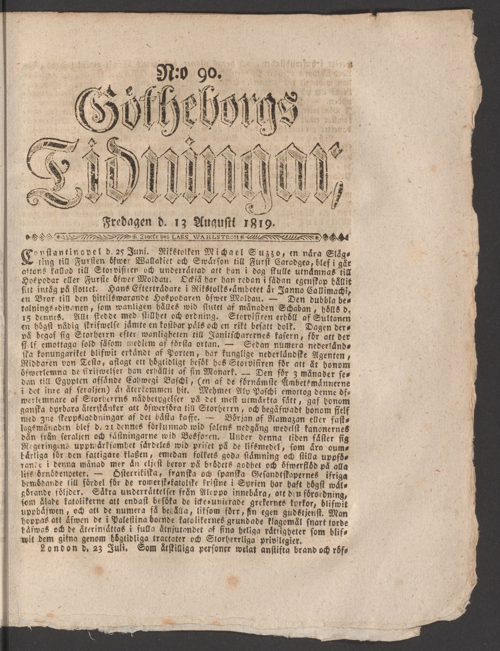 Tidningssida ur GÖTHEBORGS TIDNINGAR, 1819-08-13
