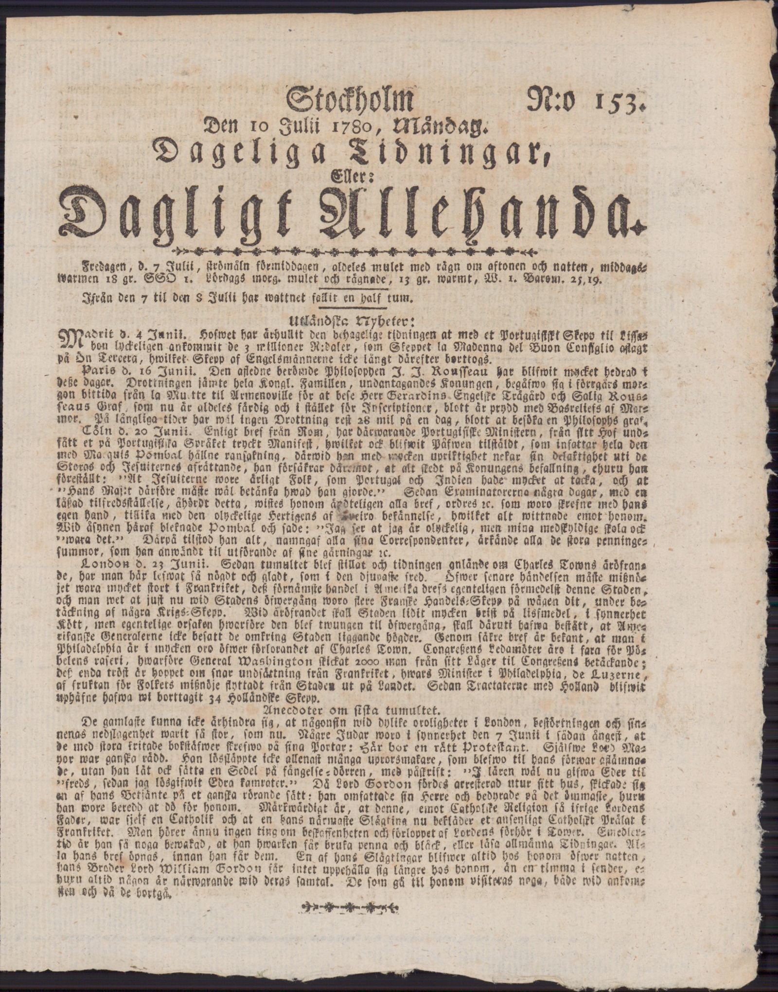 Tidningssida ur DAGLIGT ALLEHANDA, 1780-07-10