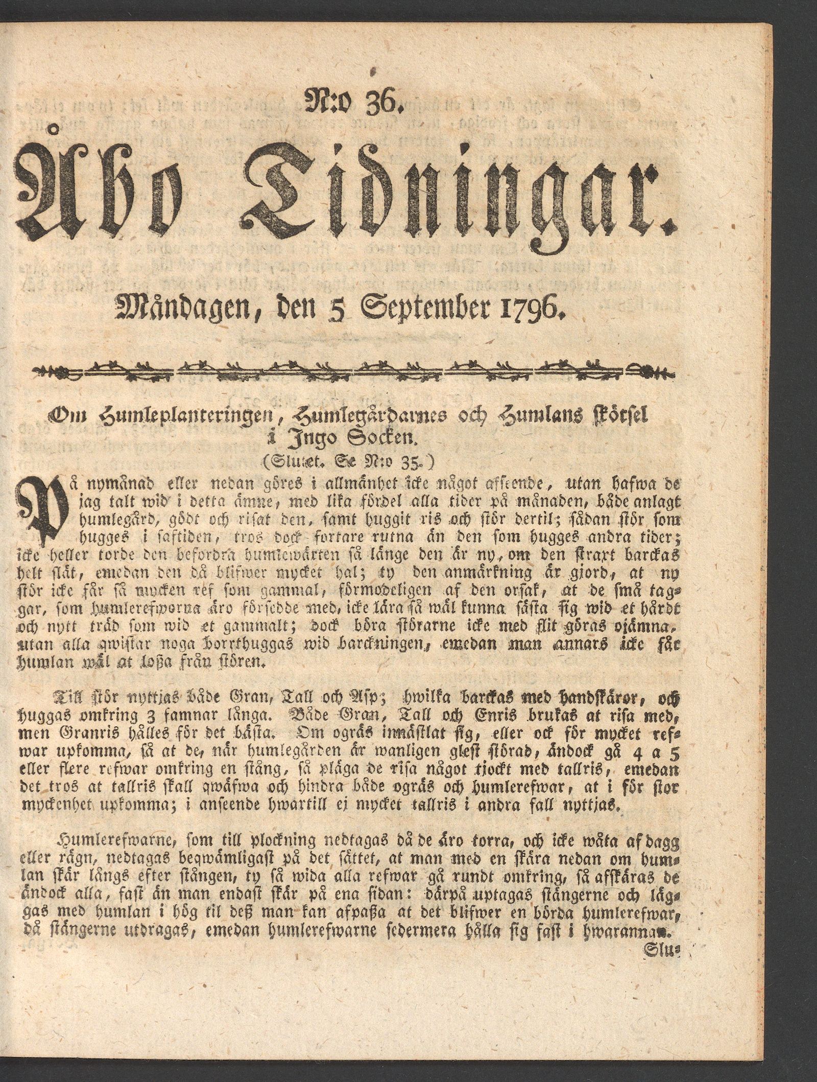 Tidningssida ur ÅBO TIDNINGAR, 1796-09-05
