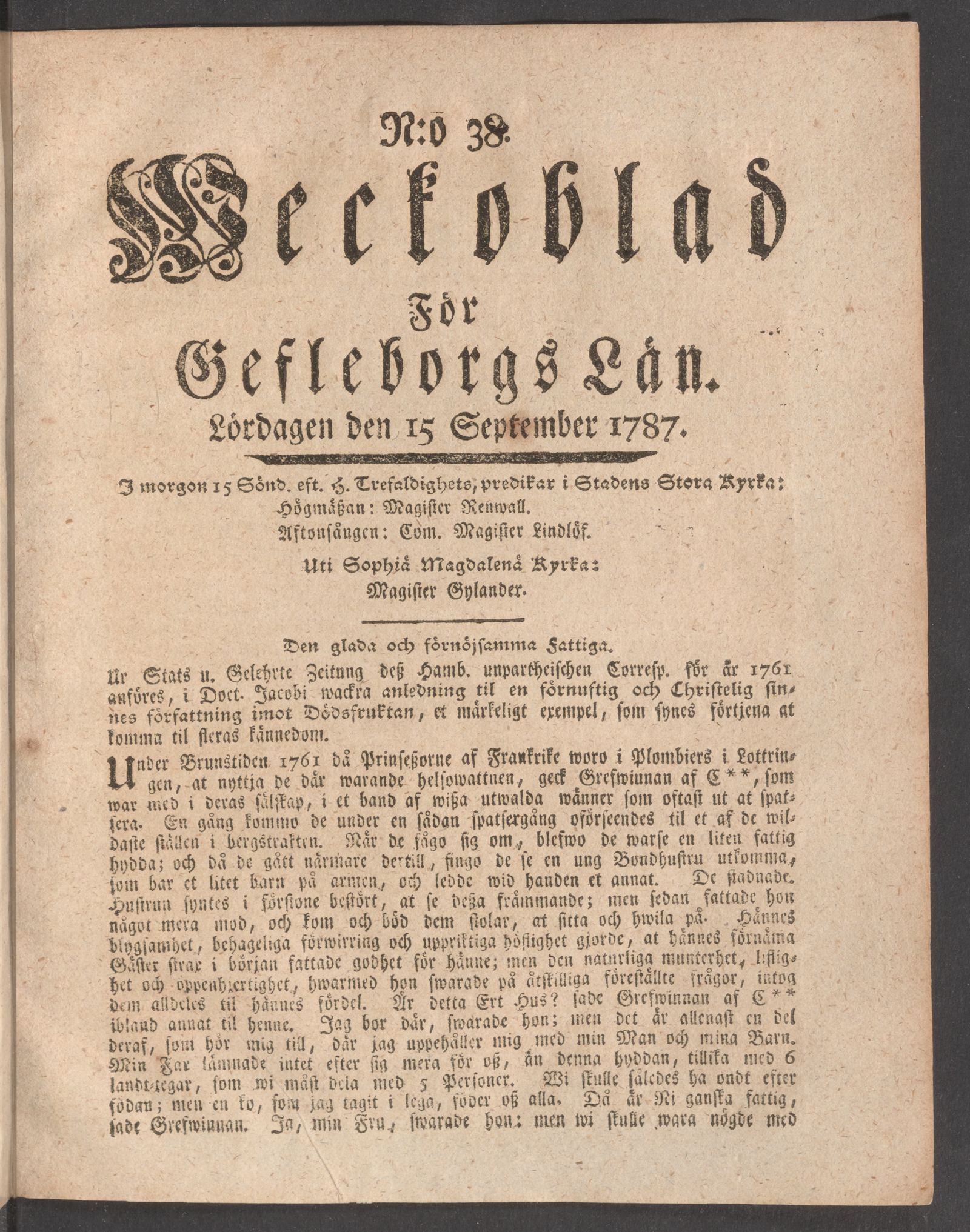 Tidningssida ur WECKOBLAD FÖR GEFLEBORGS LÄN, 1787-09-15