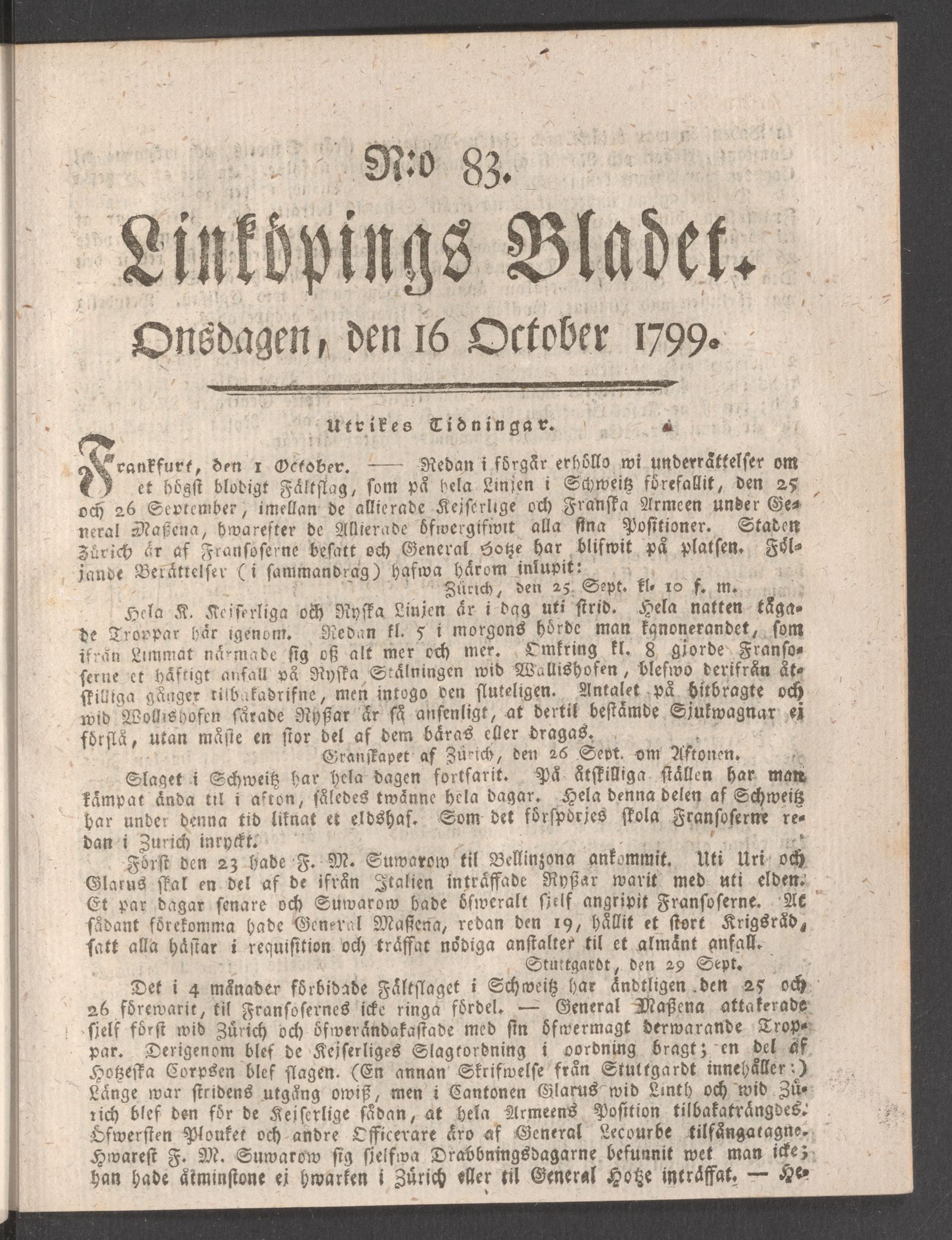 Tidningssida ur LINKÖPINGSBLADET, 1799-10-16