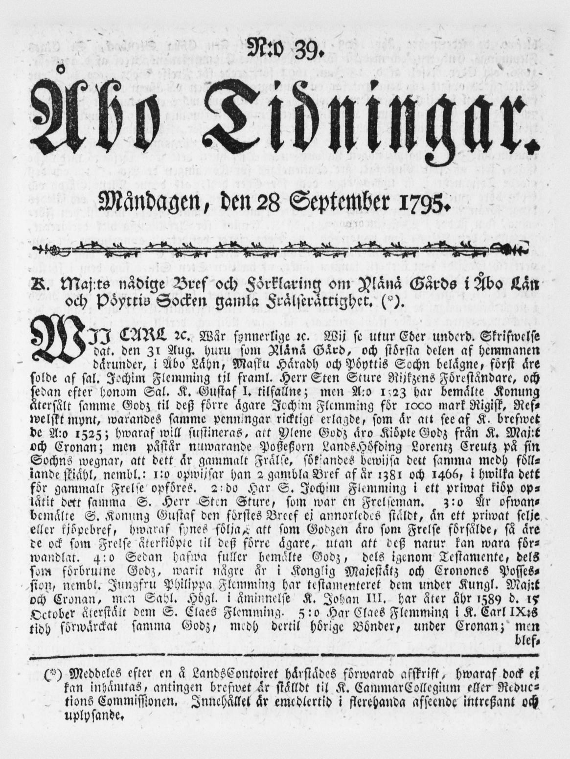 Tidningssida ur ÅBO TIDNINGAR, 1795-09-28