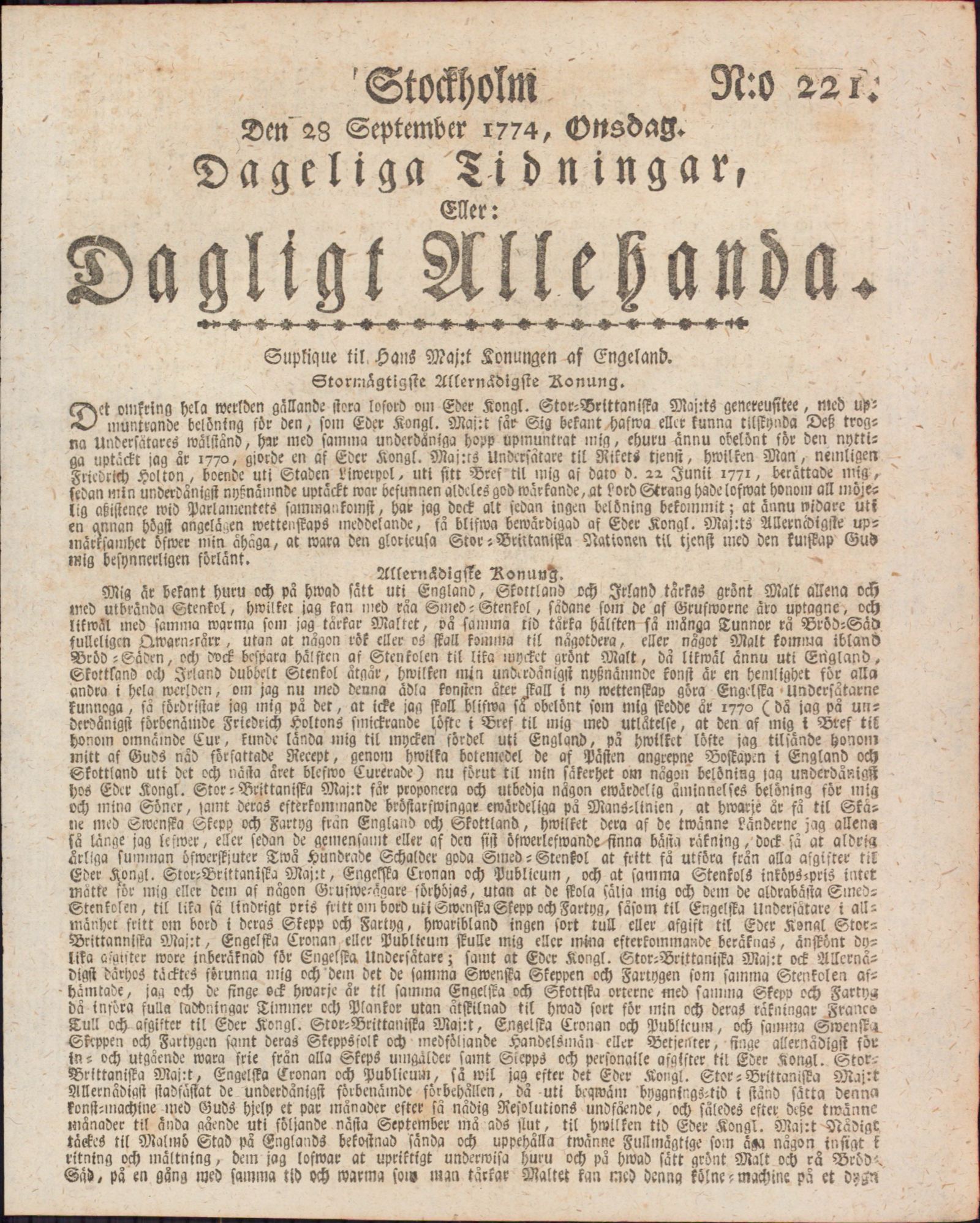 Tidningssida ur DAGLIGT ALLEHANDA, 1774-09-28