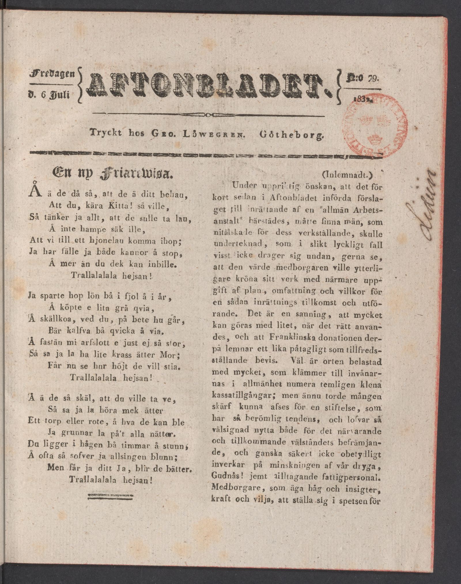 Tidningssida ur AFTONBLADET, 1832-07-06