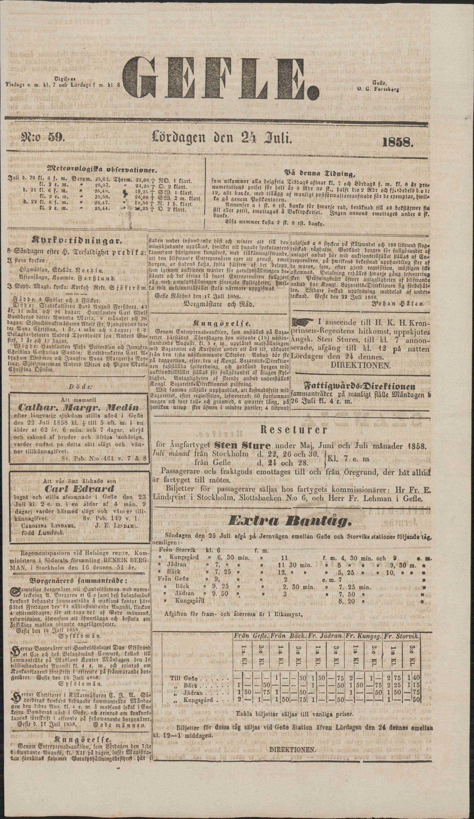 Tidningssida ur GEFLEBORGS LÄNS TIDNING, 1858-07-24