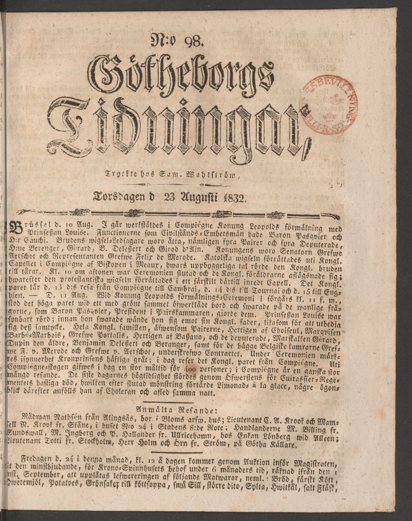 Tidningssida ur GÖTHEBORGS TIDNINGAR, 1832-08-23