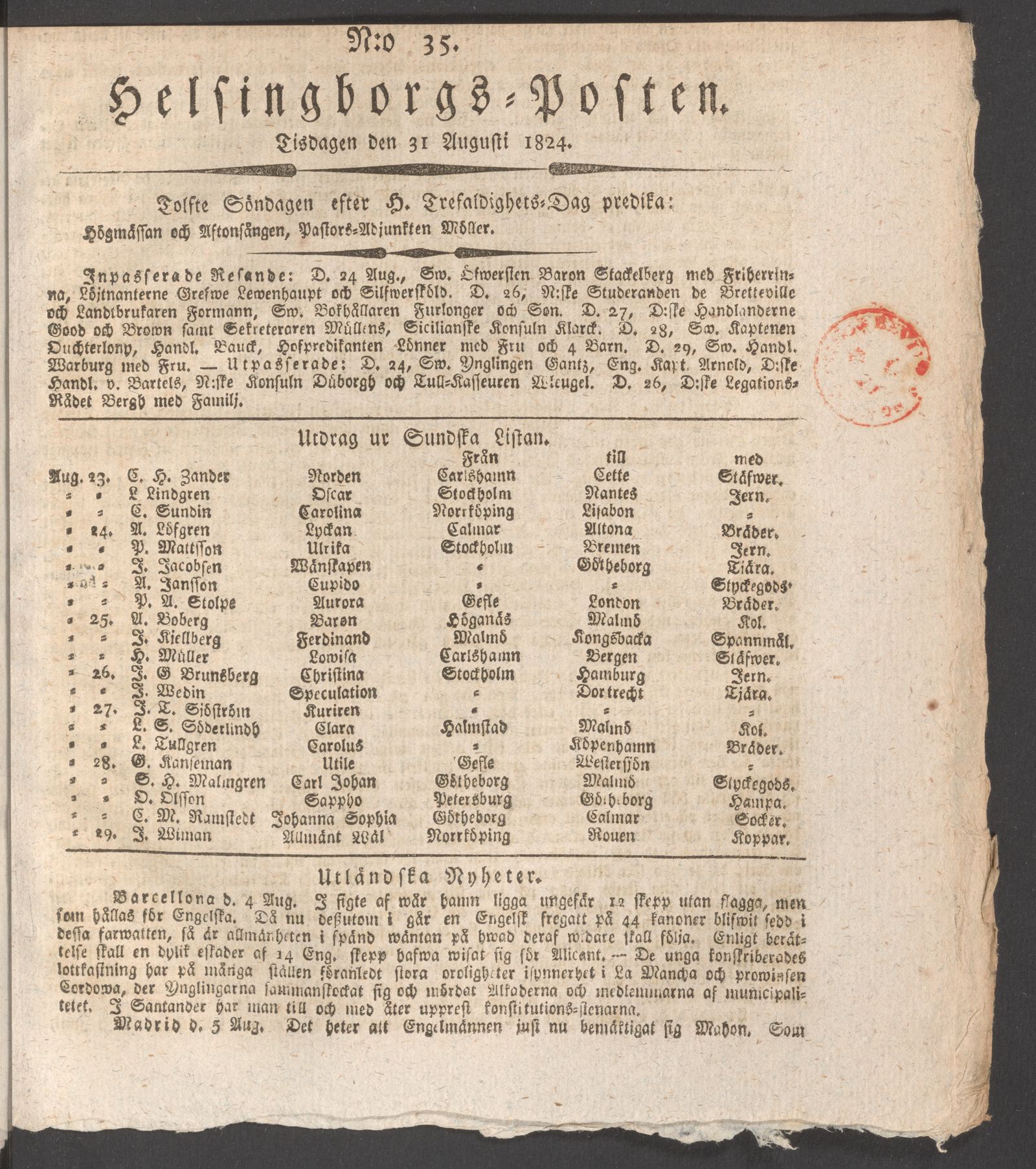 Tidningssida ur HELSINGBORGSPOSTEN, 1824-08-31