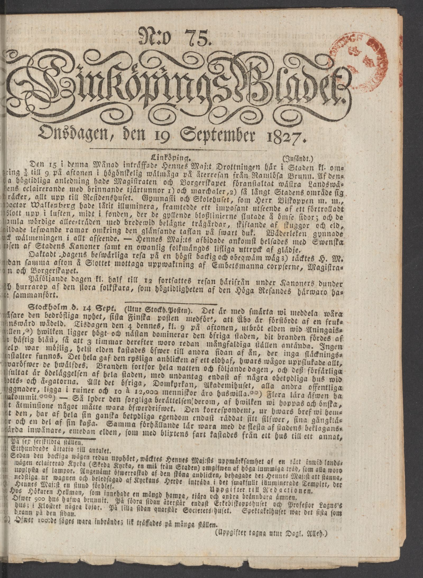 Tidningssida ur LINKÖPINGSBLADET, 1827-09-19