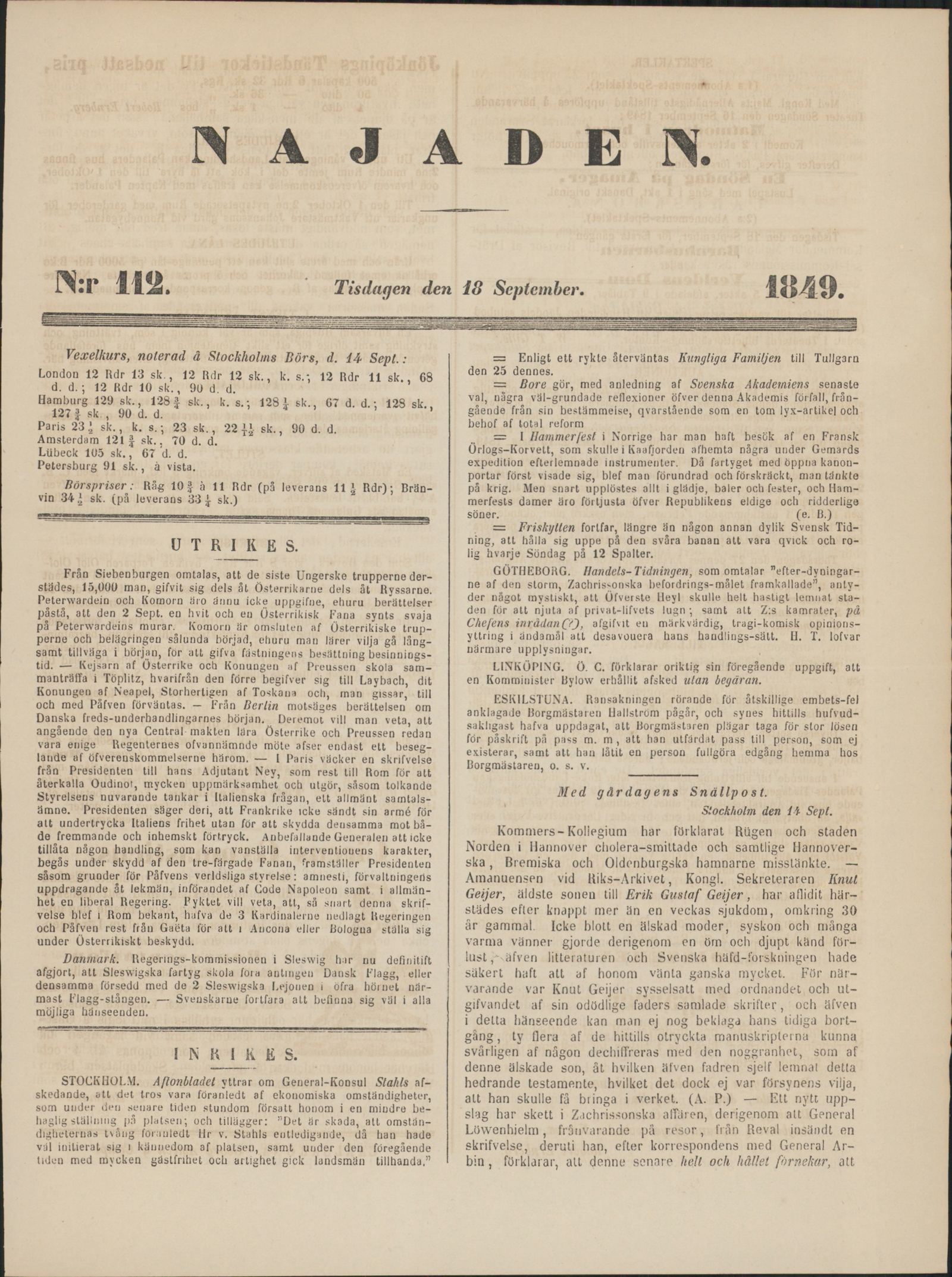 Tidningssida ur NAJADEN, 1849-09-18