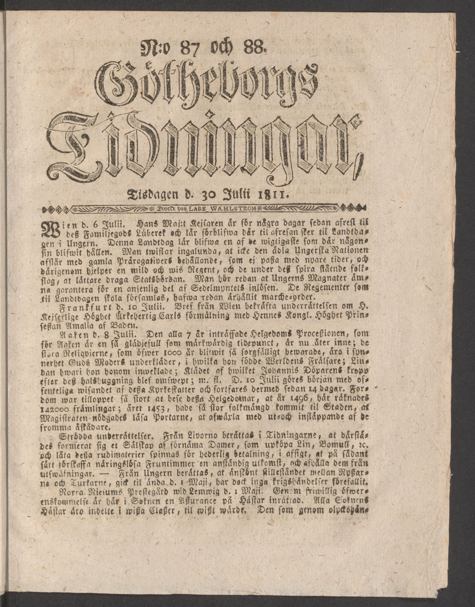 Tidningssida ur GÖTHEBORGS TIDNINGAR, 1811-07-30