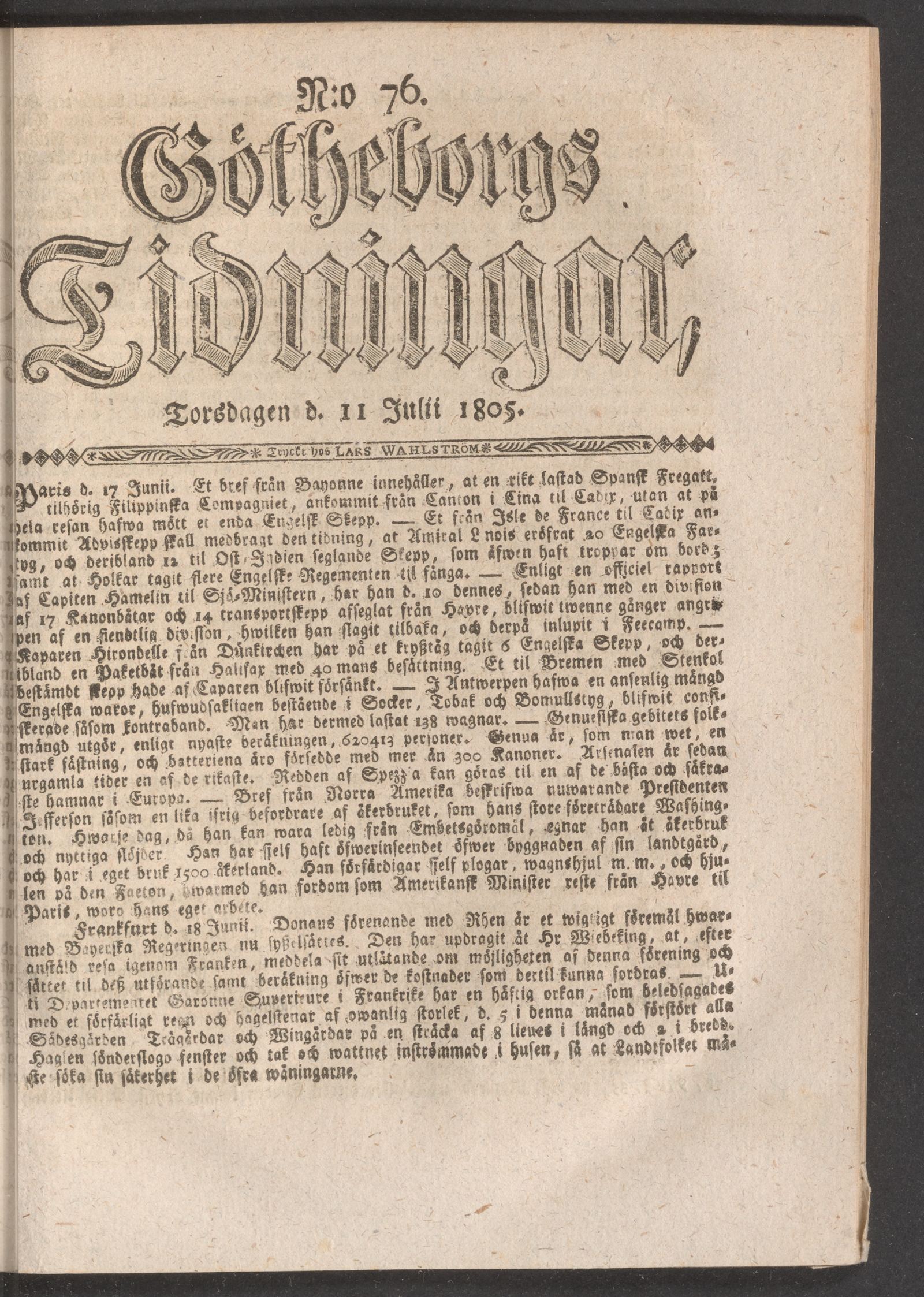 Tidningssida ur GÖTHEBORGS TIDNINGAR, 1805-07-11