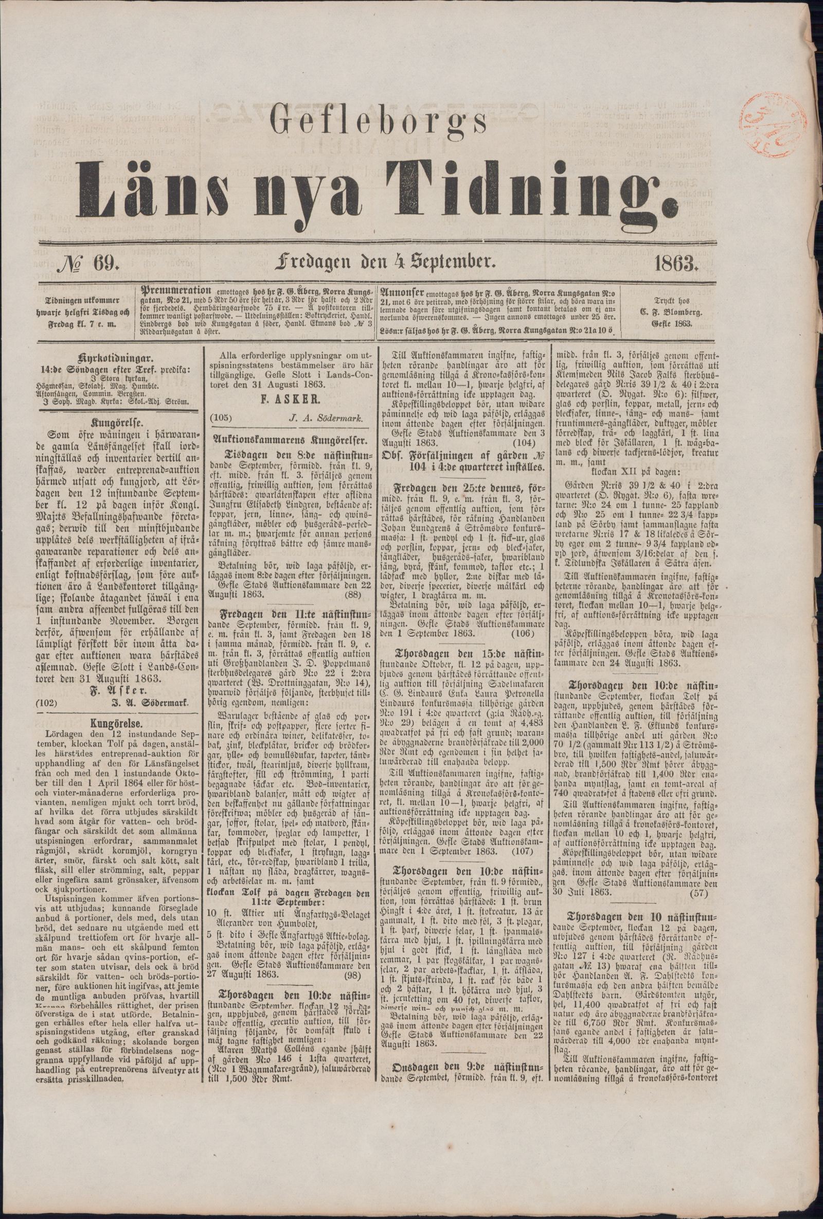 Tidningssida ur GEFLEBORGS LÄNS TIDNING, 1863-09-04