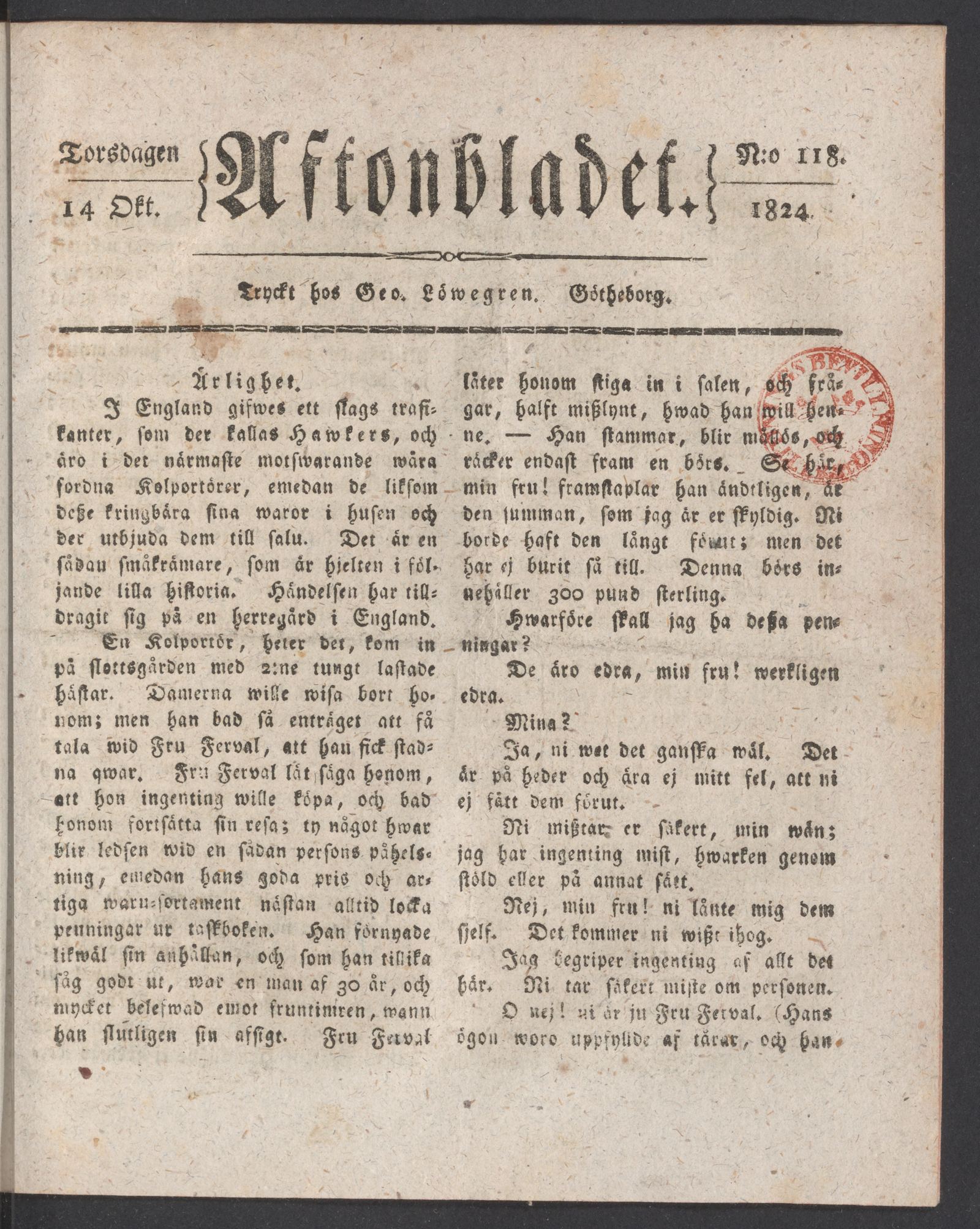 Tidningssida ur AFTONBLADET, 1824-10-14