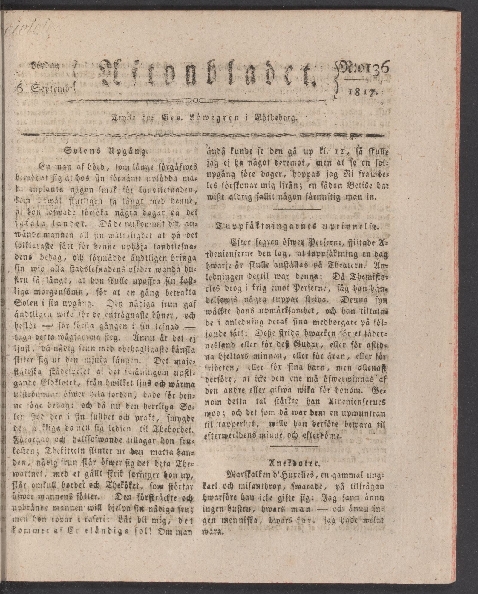 Tidningssida ur AFTONBLADET, 1817-09-06