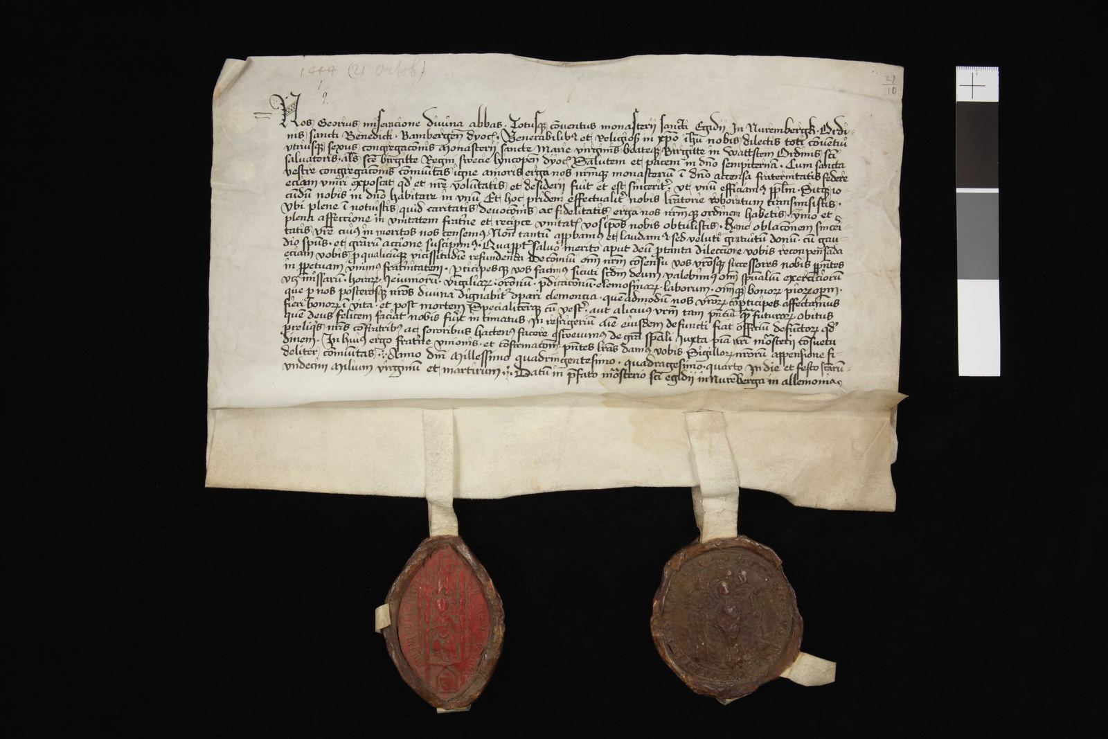 Tidningssida ur Svenskt Diplomatarium, 1444-10-21