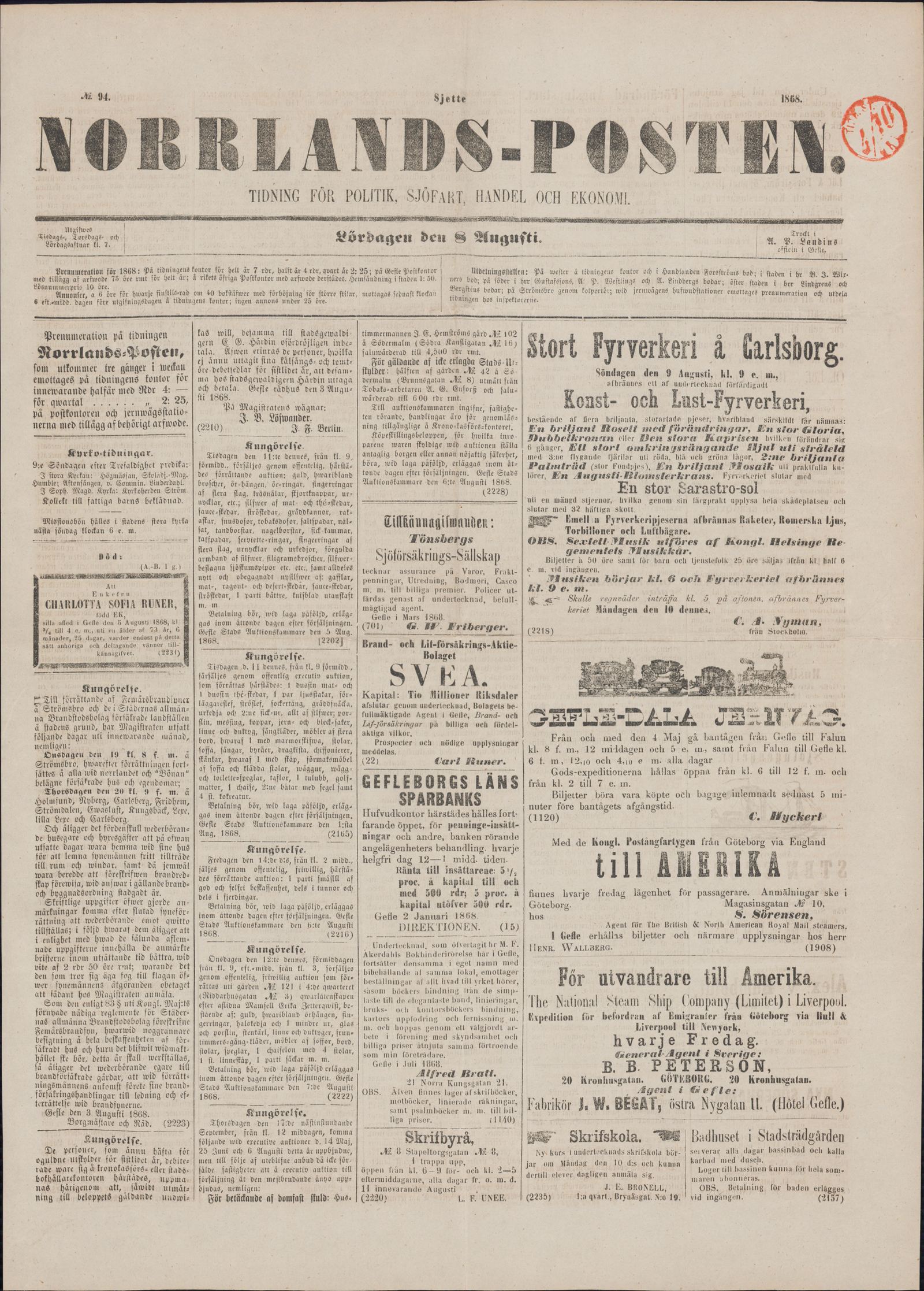 Tidningssida ur NORRLANDSPOSTEN, 1868-08-08
