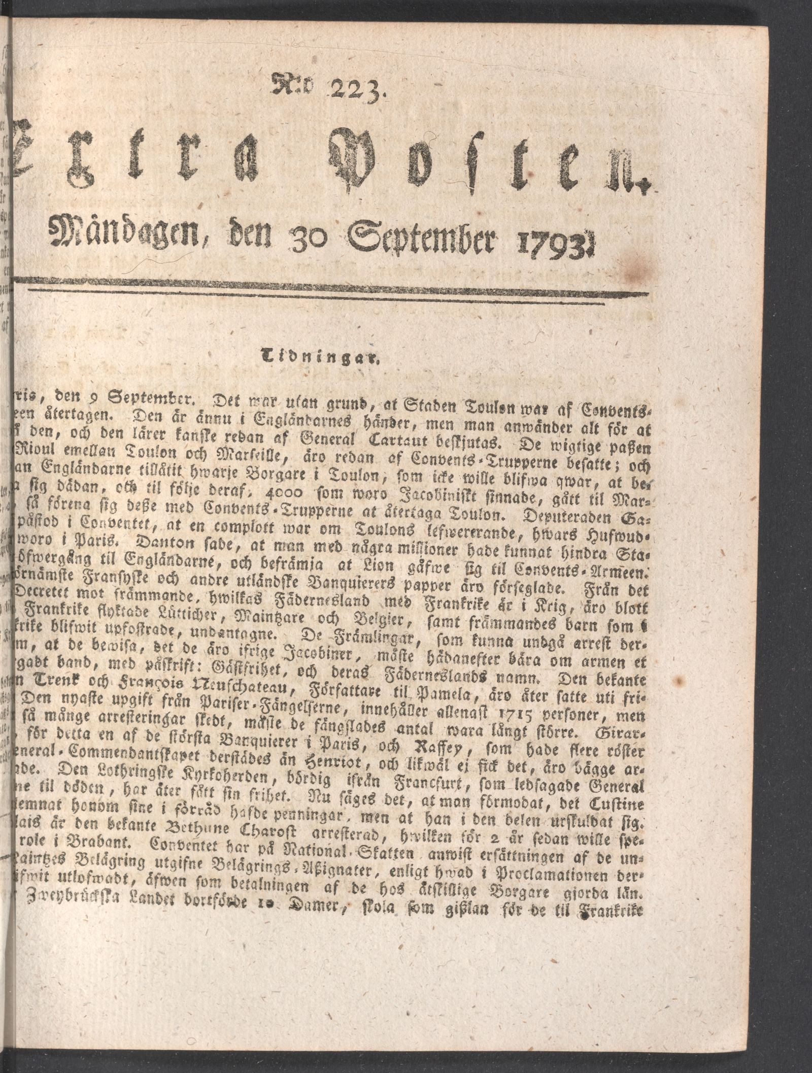 Tidningssida ur EXTRA POSTEN, 1793-09-30