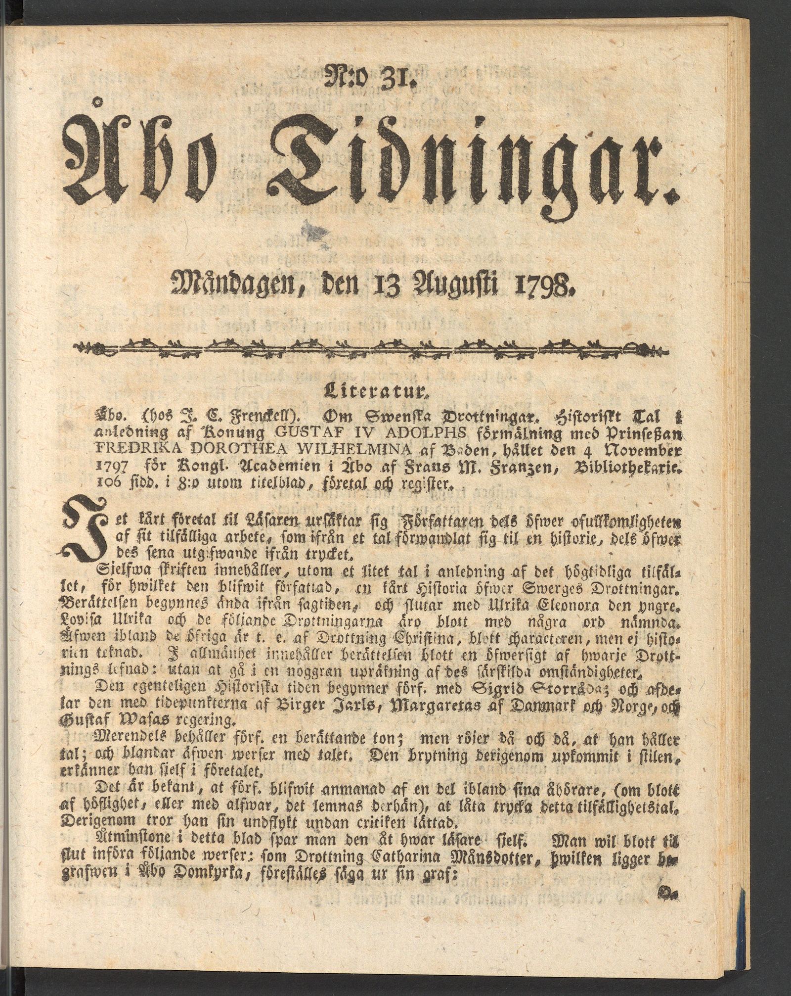 Tidningssida ur ÅBO TIDNINGAR, 1798-08-13