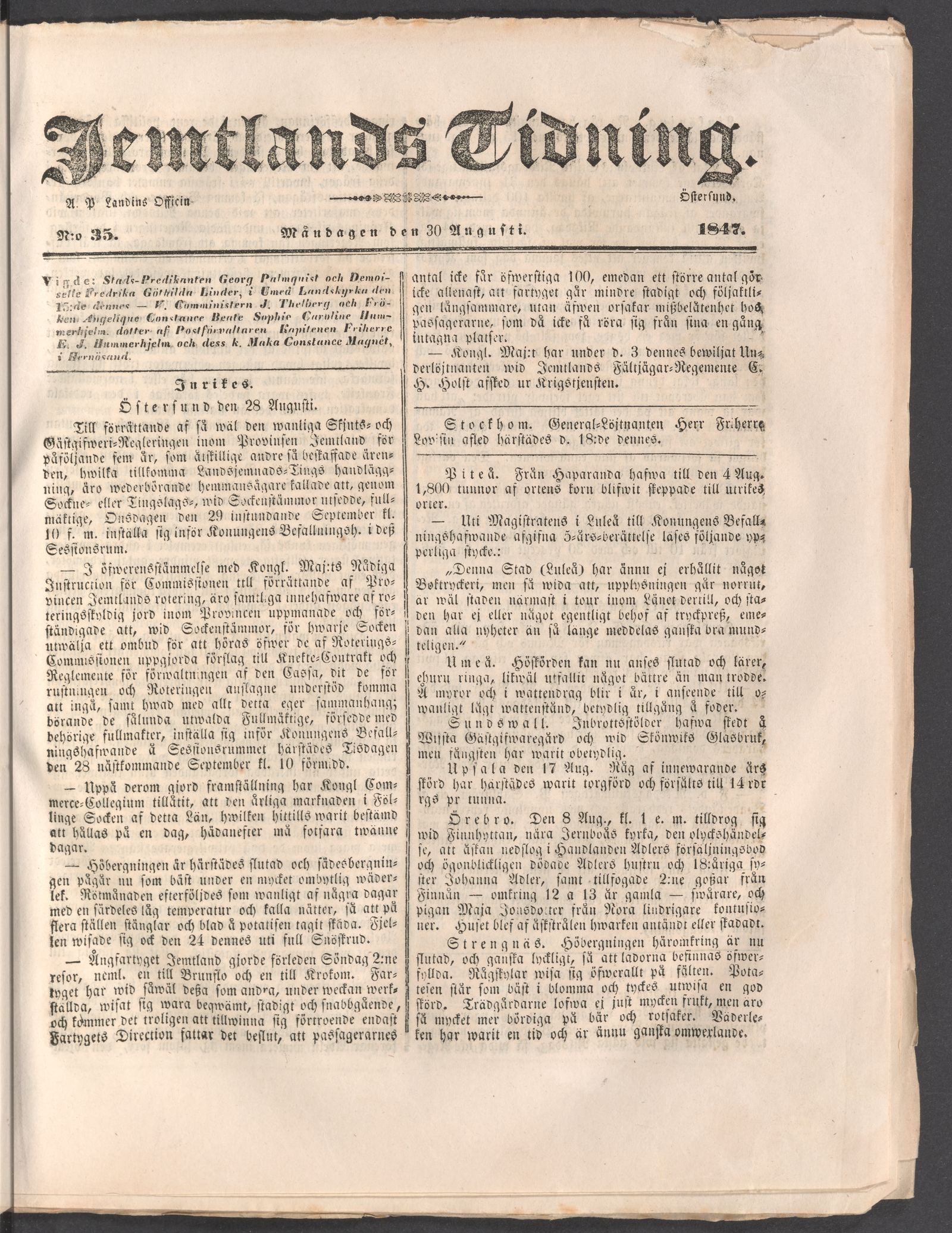 Tidningssida ur JEMTLANDS TIDNING, 1847-08-30