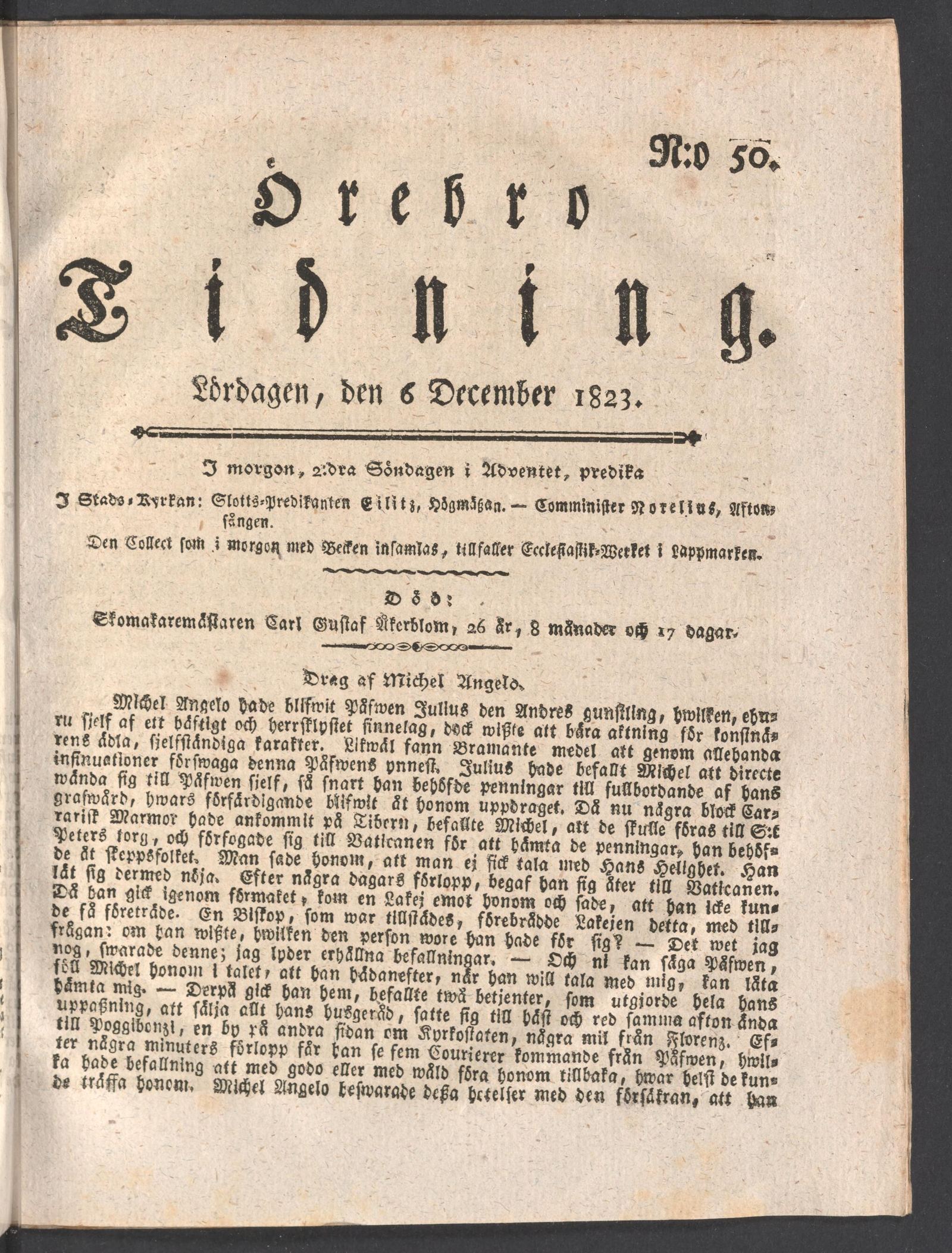 Tidningssida ur Örebro Tidning, 1823-12-06