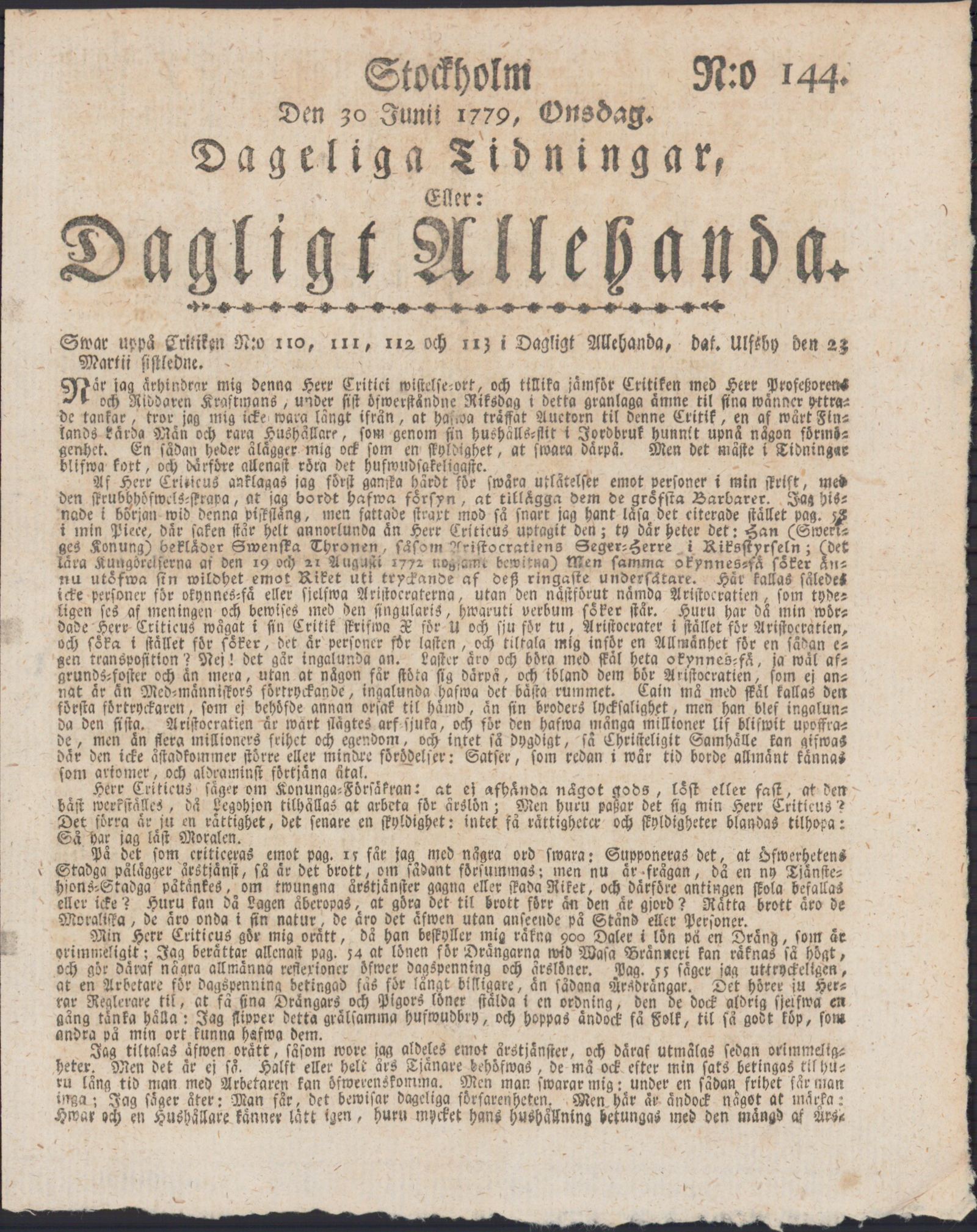 Tidningssida ur DAGLIGT ALLEHANDA, 1779-06-30