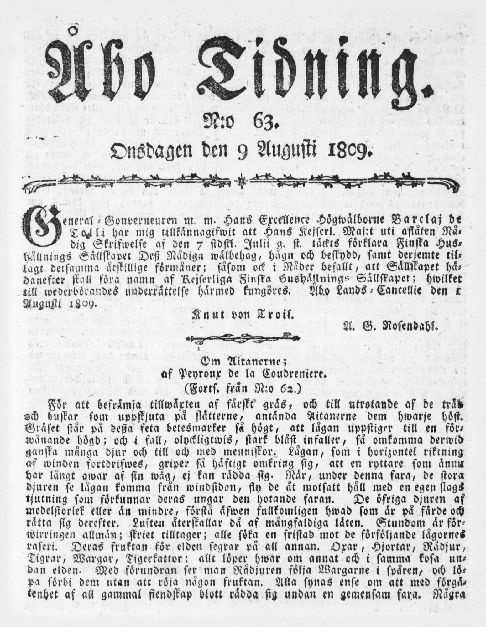 Tidningssida ur ÅBO TIDNING, 1809-08-09