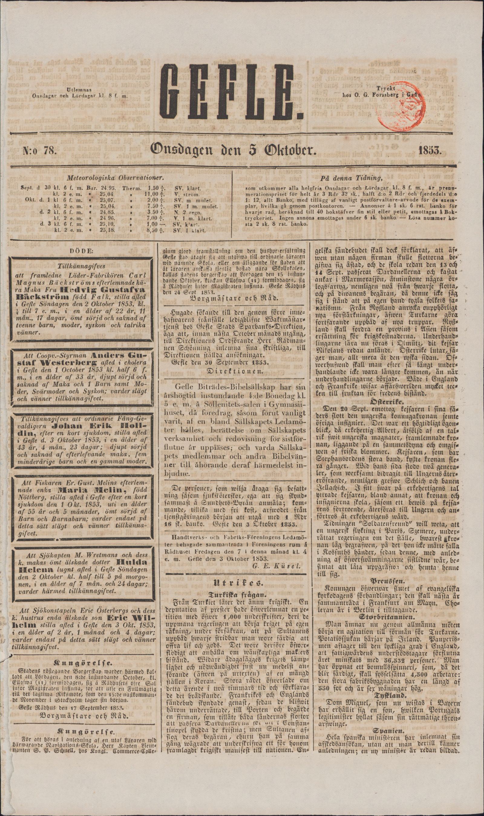 Tidningssida ur GEFLEBORGS LÄNS TIDNING, 1853-10-05