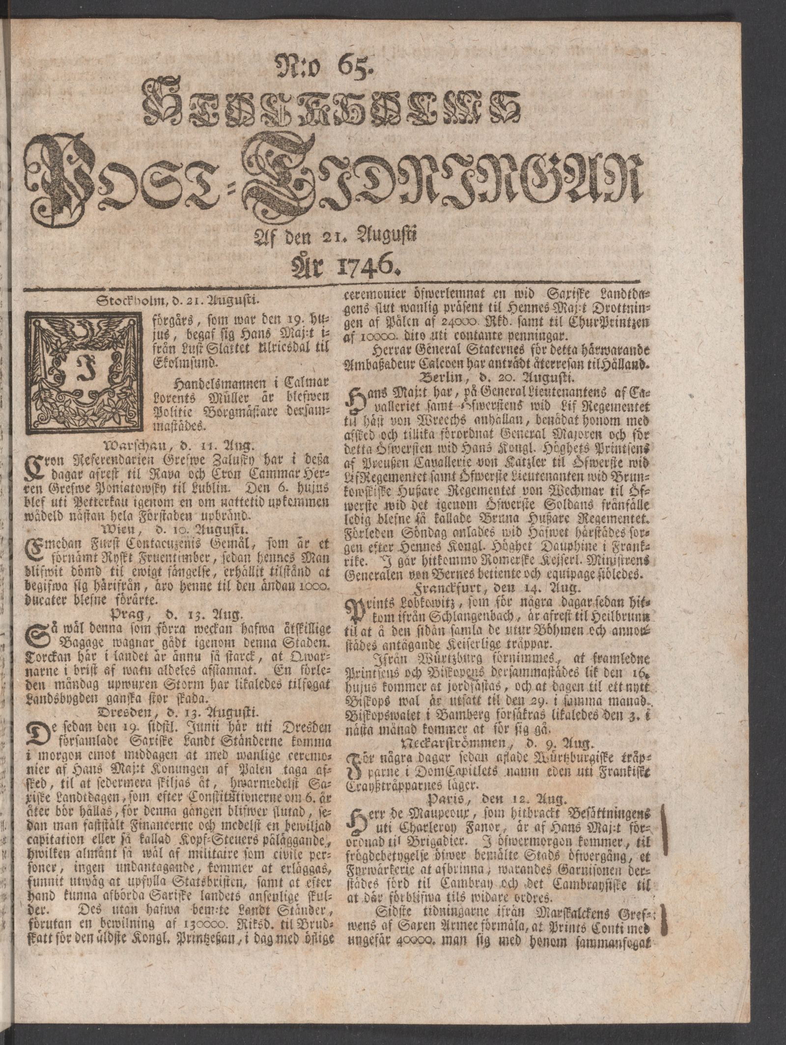 Tidningssida ur POSTTIDNINGAR, 1746-08-21