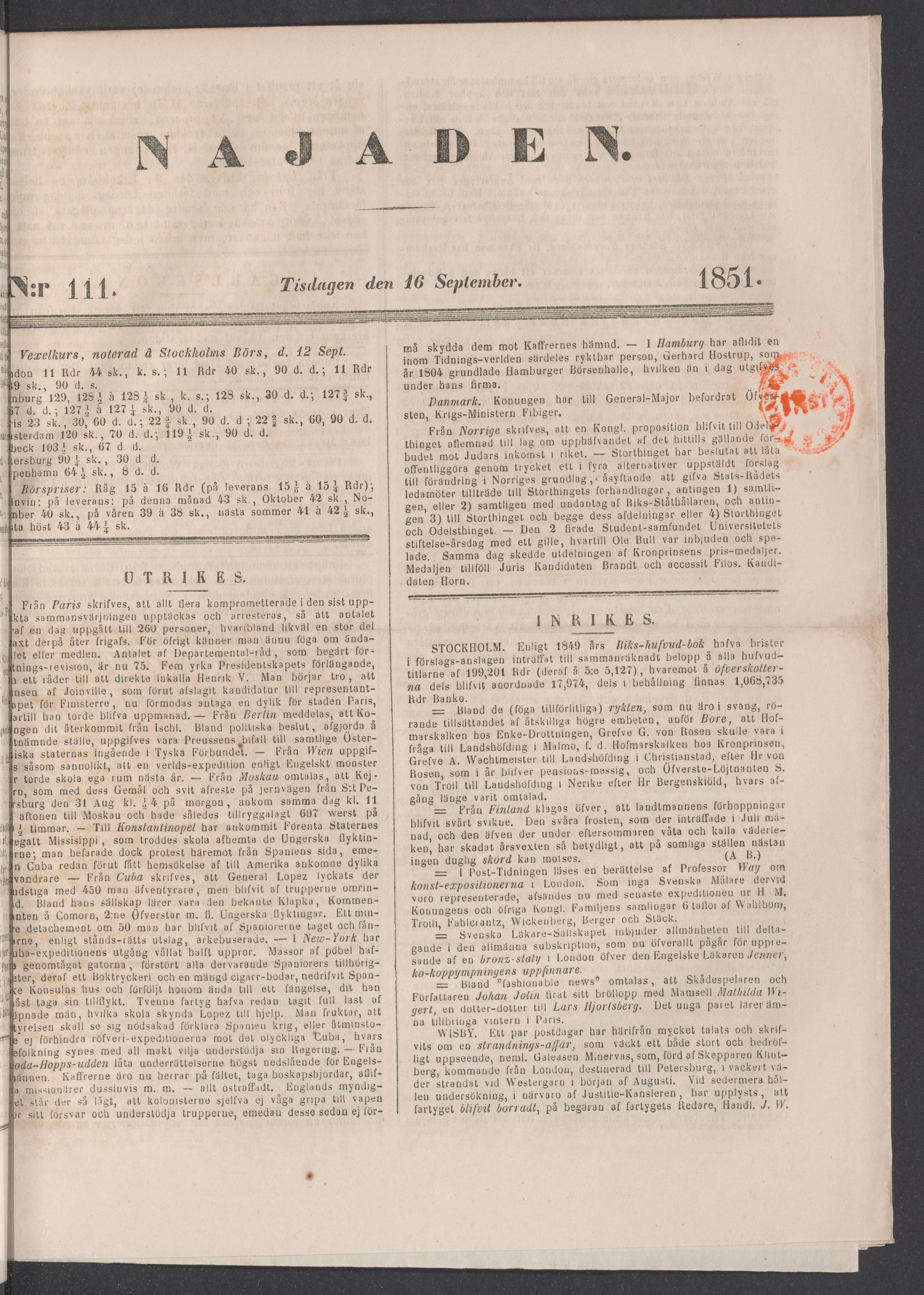 Tidningssida ur NAJADEN, 1851-09-16