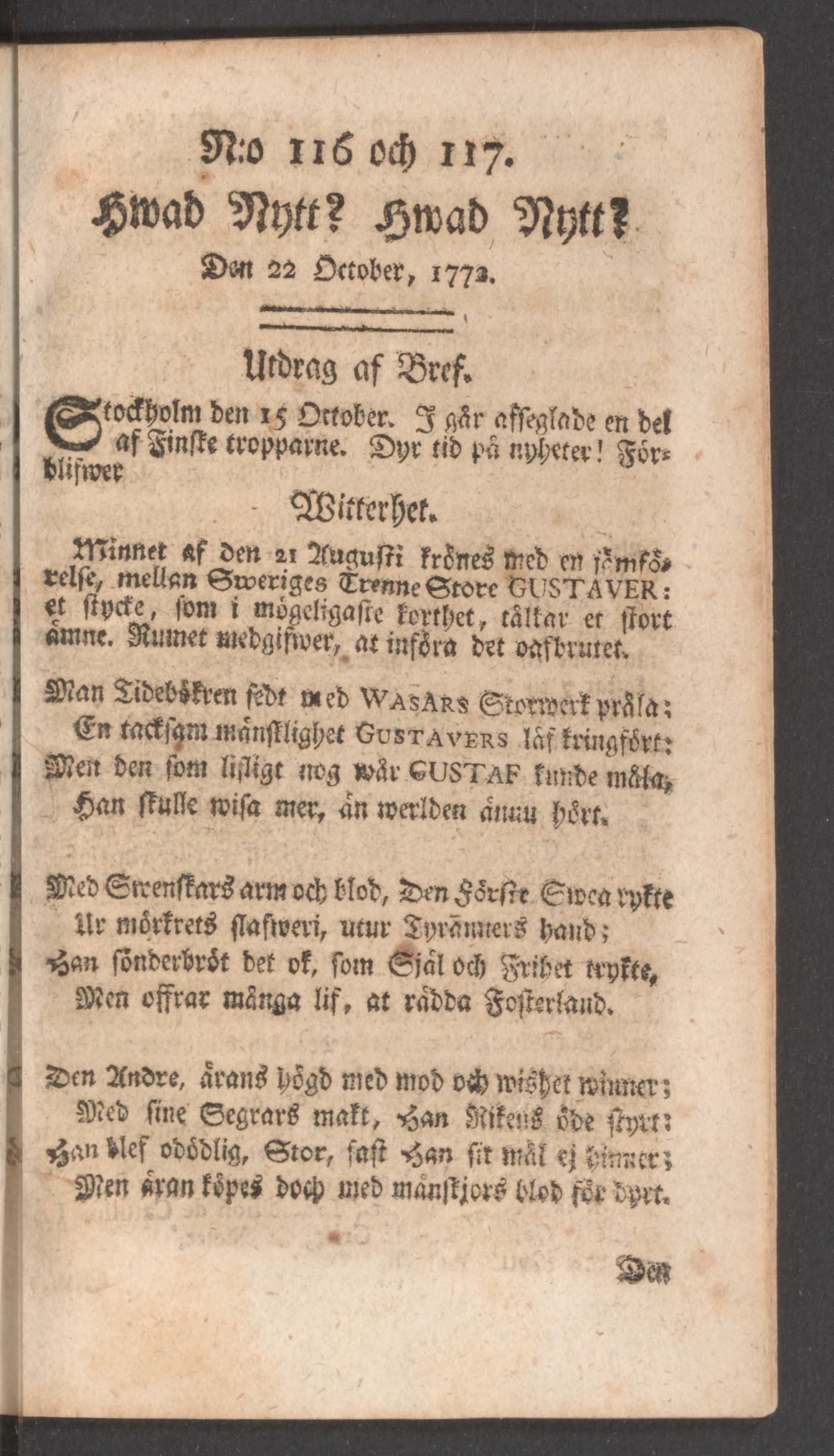 Tidningssida ur HWAD NYTT?, 1772-10-22