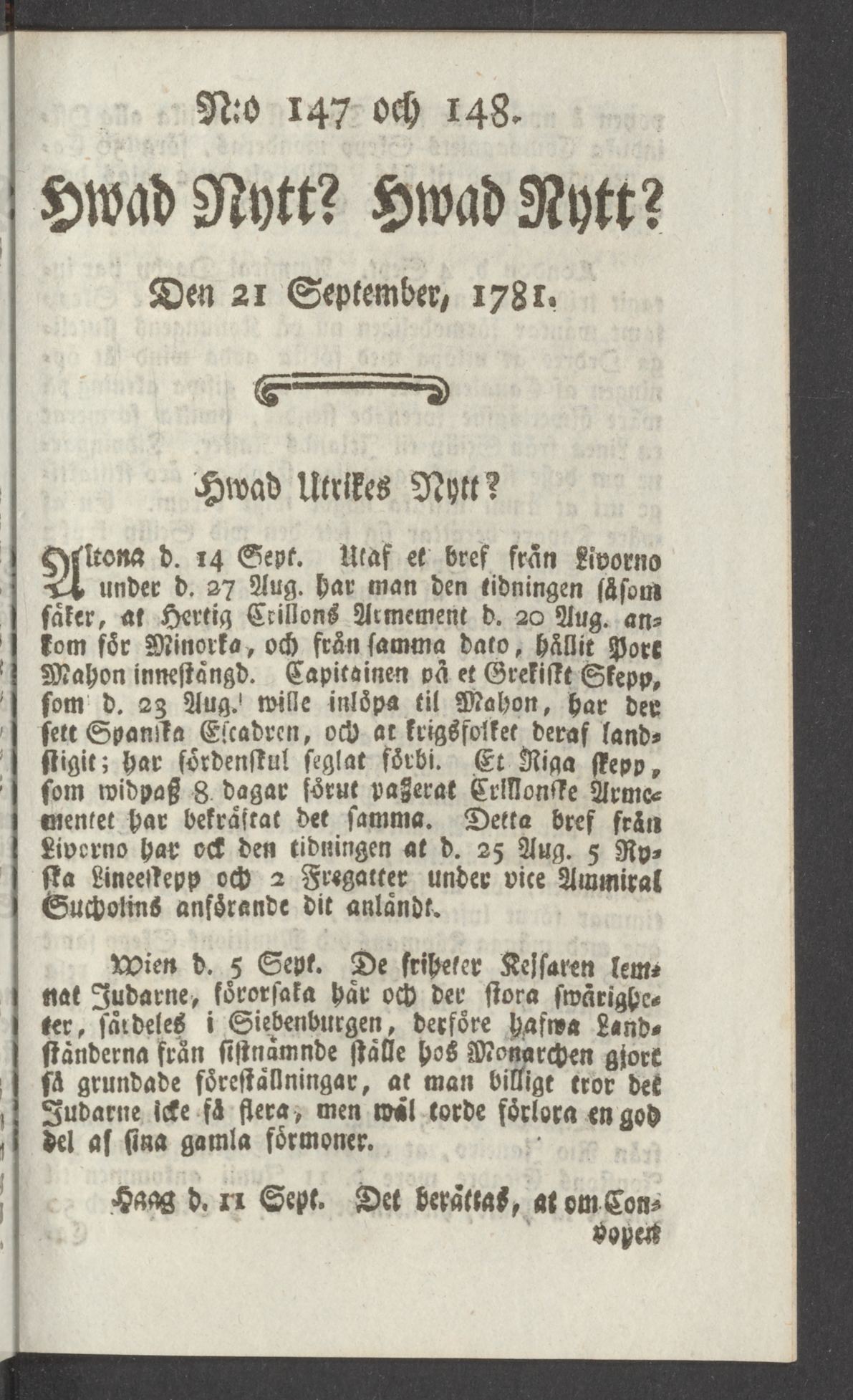 Tidningssida ur HWAD NYTT?, 1781-09-21